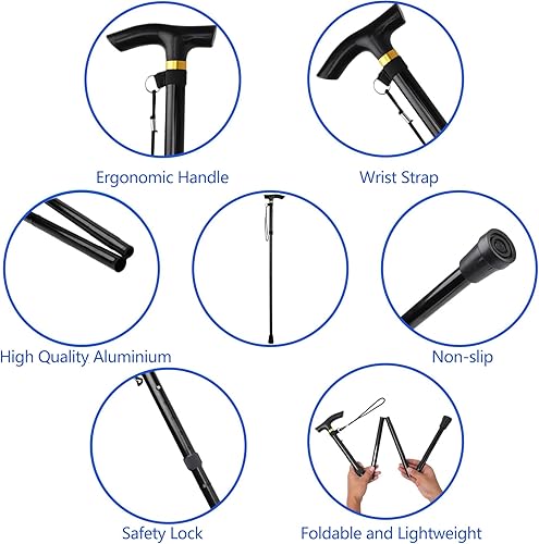 Miniatura 3 de Bastón plegable para hombre y mujer, portátil, ligero, altura ajustable de 5 niveles, caña plegable para personas mayores equilibrando la ayuda de