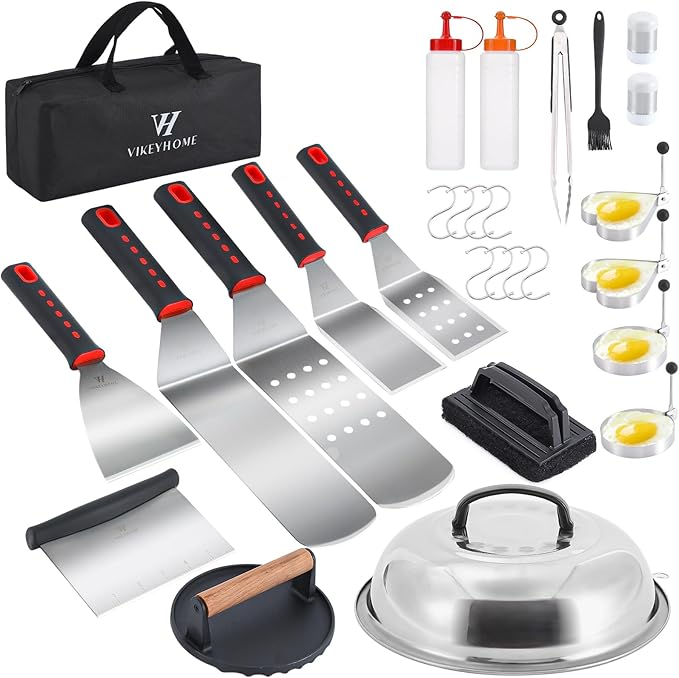 Griddle Accessories Kit, 28 Pcs Griddle Grill Tools Set, Professional Grill BBQ Spatula Set with Basting Cover, Spatula, Scraper, Bottle, Tongs, Egg Ring