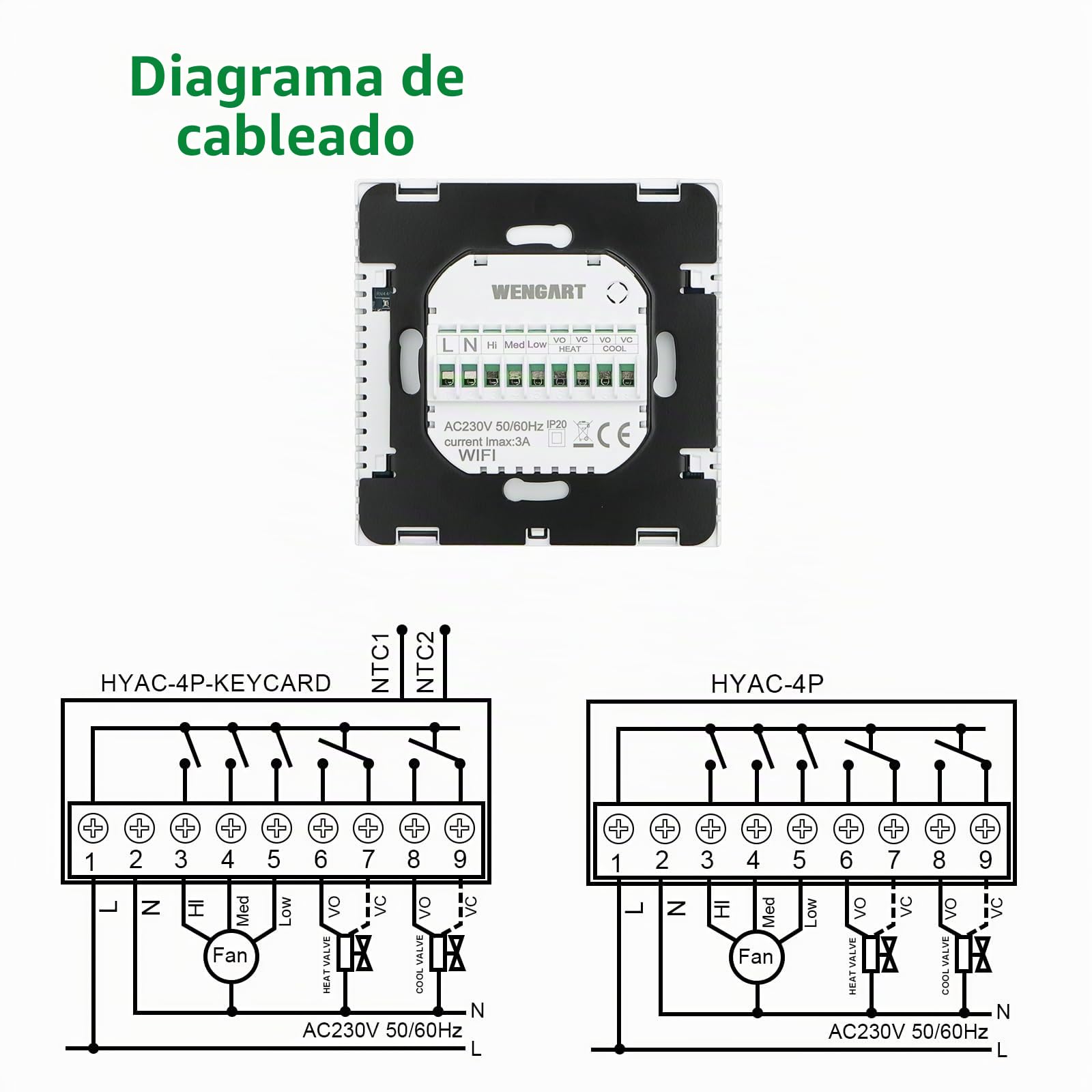 Wengart Termostato de Bobina de Ventilador WiFi WG607AC, CA 230 V máx. 3 A, 2,4 GHz, Wi-Fi, aplicación Tuya, Cuatro Tubos para Aire Acondicionado, Compatible con Alexa Echo/Google Home, Color Blanco
