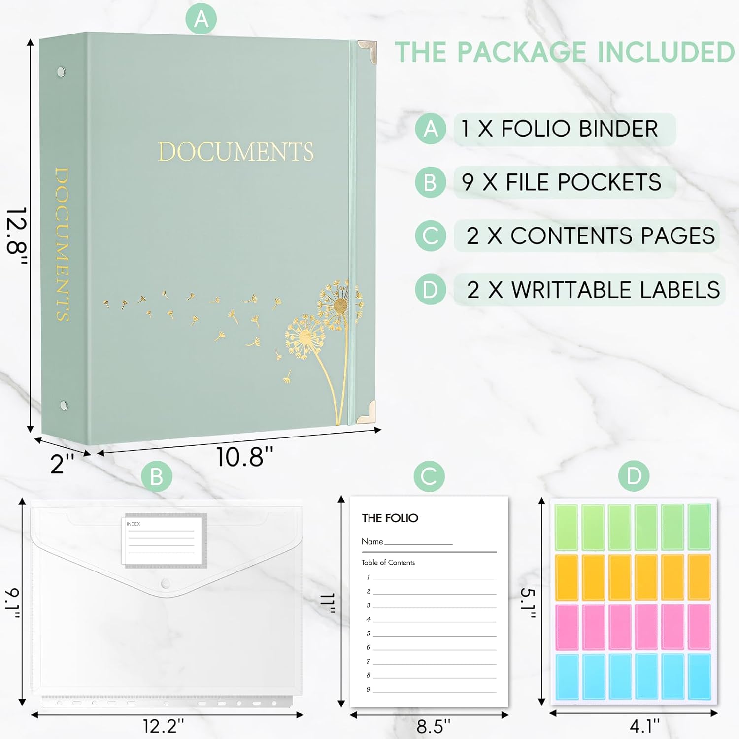 XKDOUS Document Organizer with Gold-Foiled Hardcover, 9 Pockets & Labels 3 Ring Binder for Important Papers End of Life Planner Expanding File Storage Accordion Folio Folders