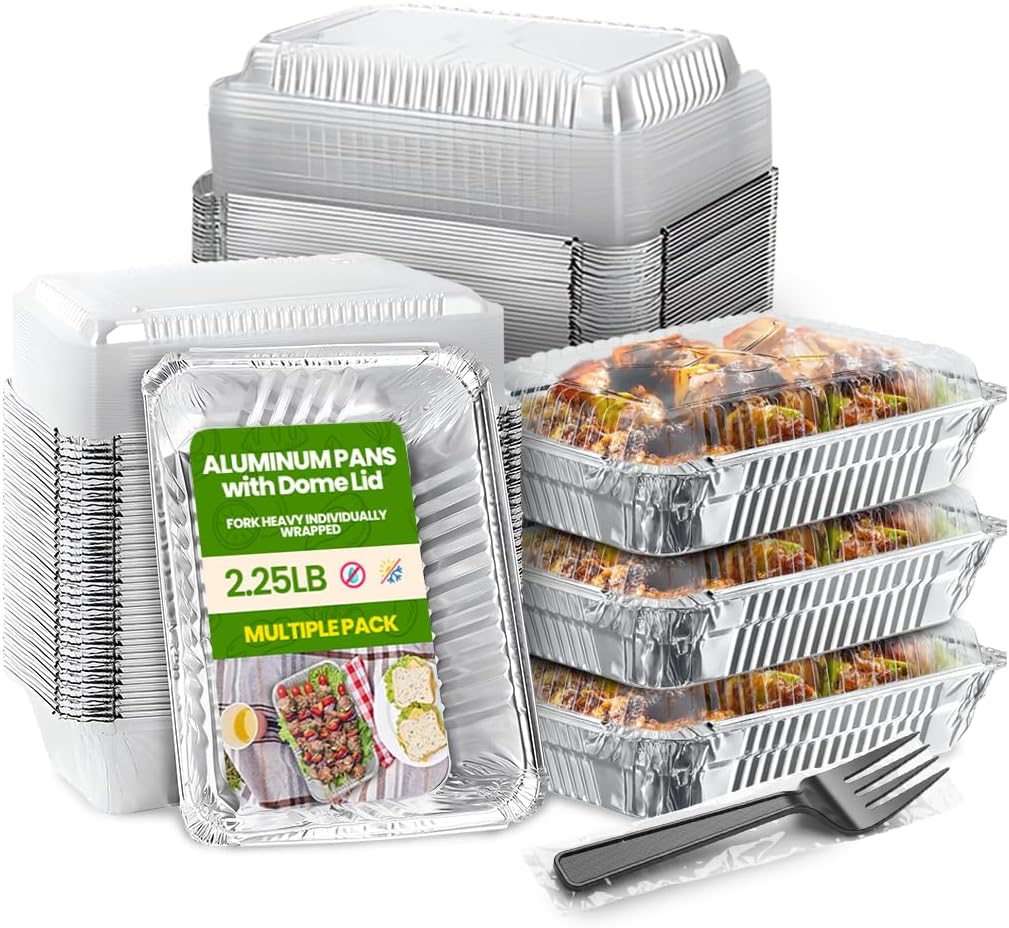 2.5lb Aluminum Pans with Dome Lids and Fork | Perfect for meal prep, takeout, catering, freezer, and baking |Disposable, sturdy 8.75" x 6.25" x 2.25" with secure dome covers (50 Pack, 50, Count)