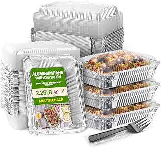 2.25lb Aluminum Pans with Dome Lids and Fork | Perfect for meal prep, takeout, catering, freezer, and baking |Disposable, sturdy 8.75" x 6.25" x 2.25" with secure dome covers (25 Pack, 25, Count)