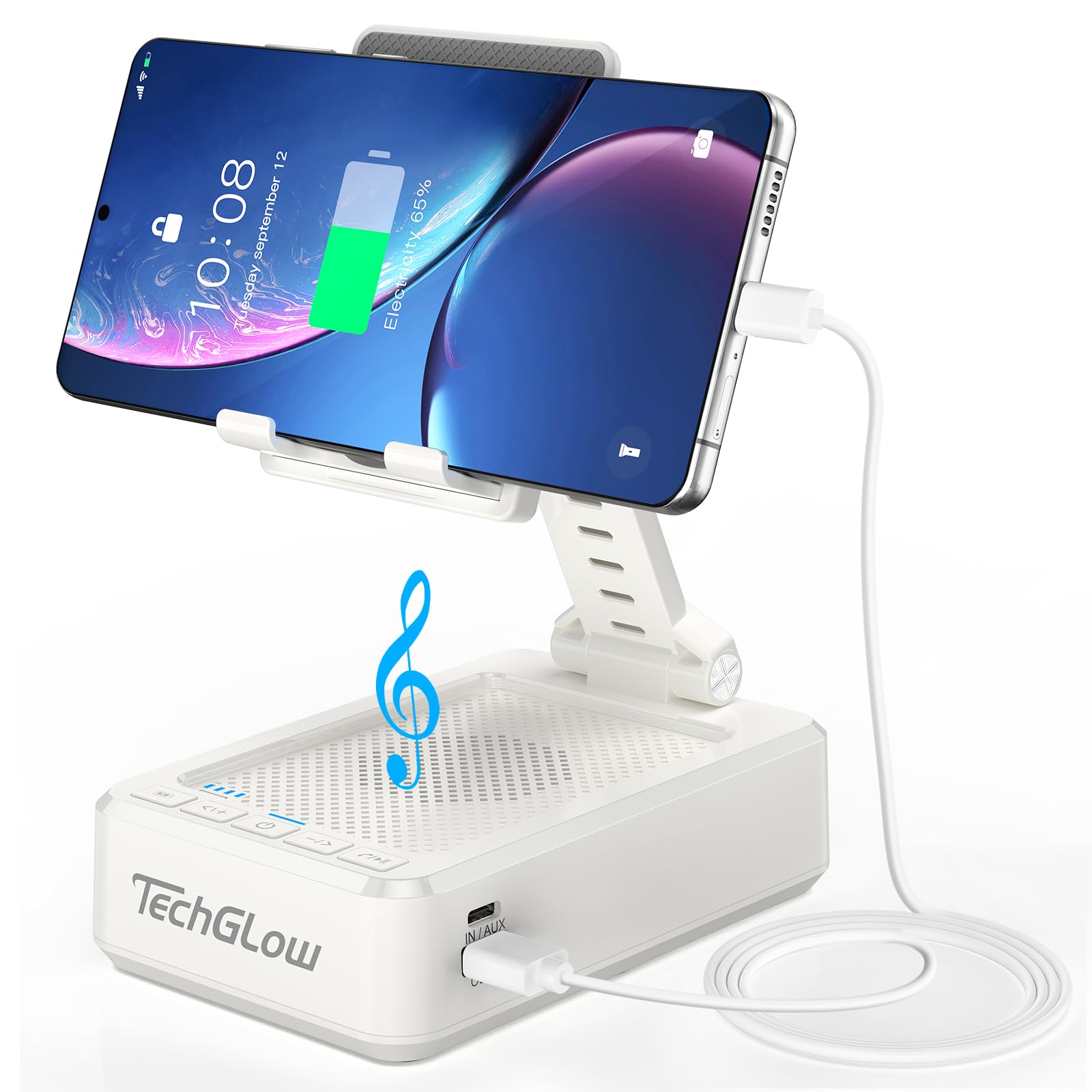 TechGlow Foldable Cellphone Stand with Bluetooth Speaker and Charging Function Birthday Gifts for Men Women Mother Father Brother Sister Teens Cool Tech Gadgets-White