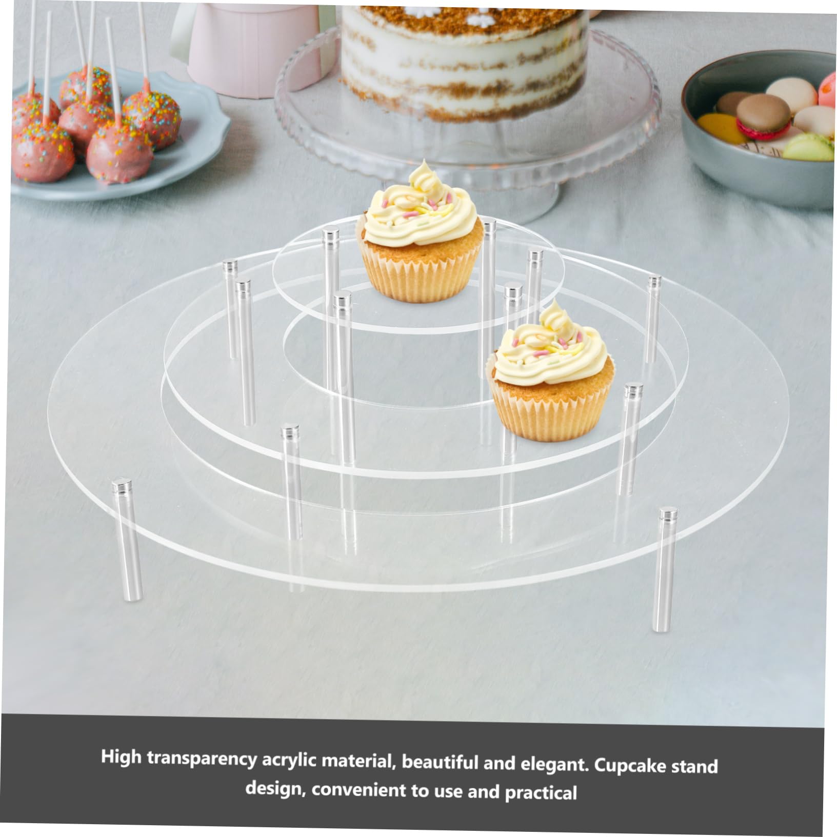 Mikinona Soporte para Cupcakes Transparente Bt097 1 Juego Acrílico y Metal | Cuatro Patas, Apilable y Resistente a Roturas, para Exposición en Tienda de Postres y Celebraciones