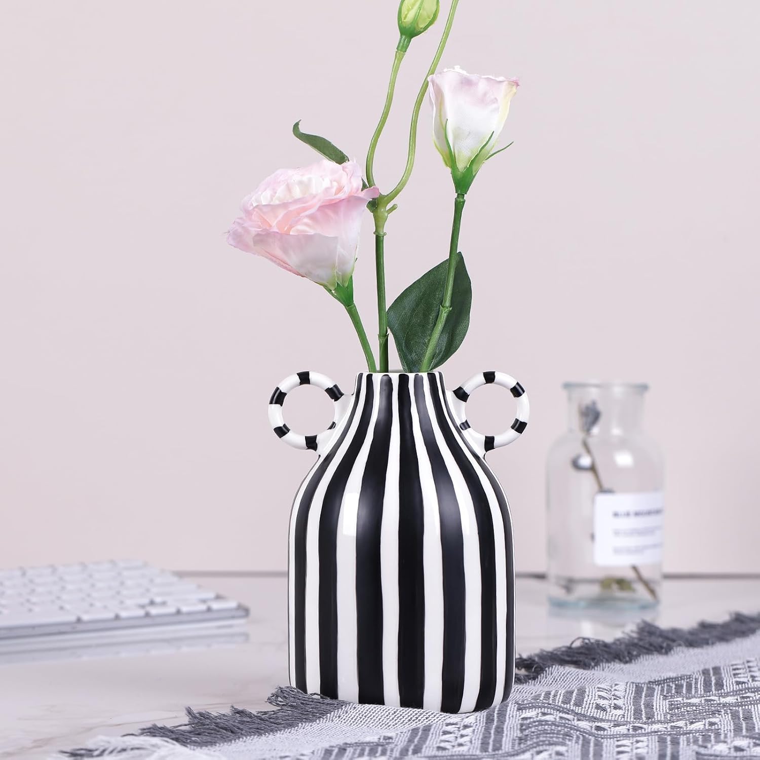 Modern Black and White Decor Striped Vase – Minimalist Funky Boho Home Accent Vase for Living Room Coffee Table Centerpiece, Office, Bookshelf, and Windowsill (B) - Image 8