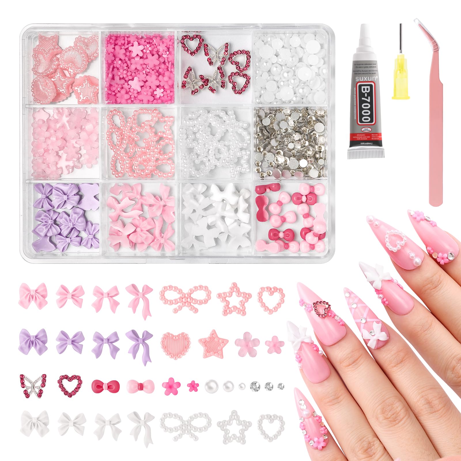 MelodySusie 3D Nail Charms Rhinestones Set, Nail Art Decoration Kit, Pink