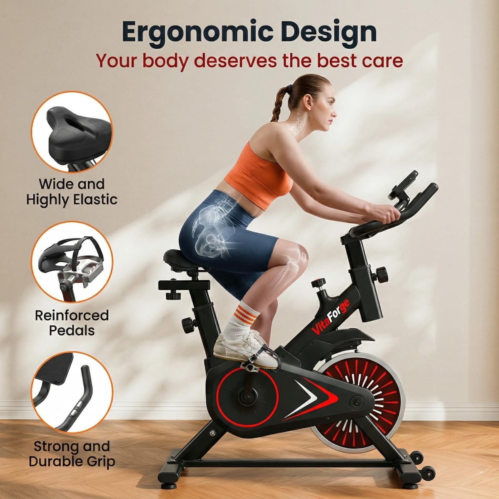 Exercise Bike, Quiet Indoor Fitness Bike with Adjustable Magnetic Resistance, Black/Red