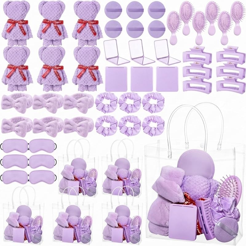 Suncalla 54 Pcs Spa Sleepover Party Supplies Include Bow Headband Eye Mask Bath Towel Scrunchies Hair Clip Comb Powder Puff Mirror Gift Bags for Women Girls Slumber Party Supplies (Purple)