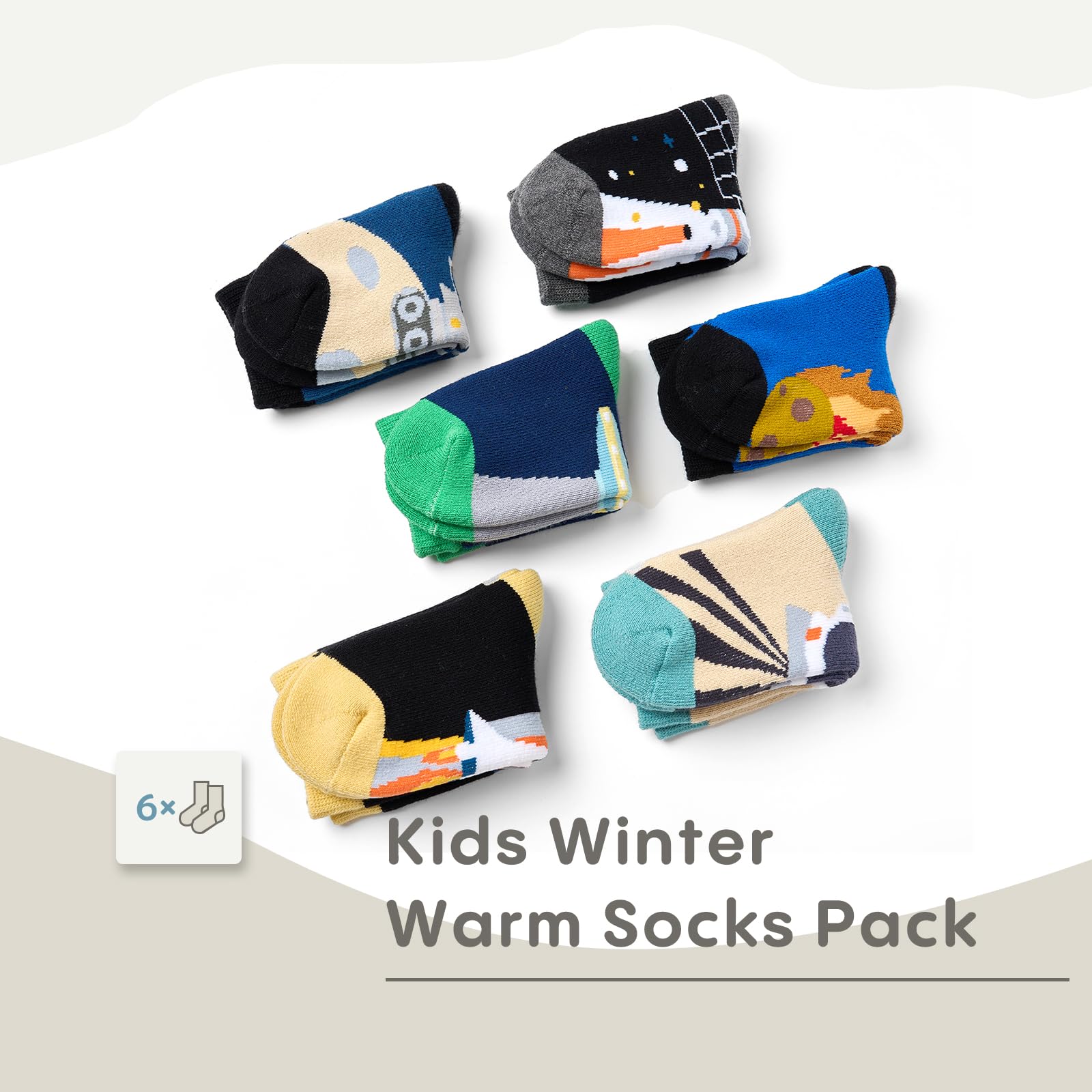 Lollisy Big Boys Winter Socks - Kids Warm Crew Thermal Terry Socks 6 Pack Space Series 6-8 Years