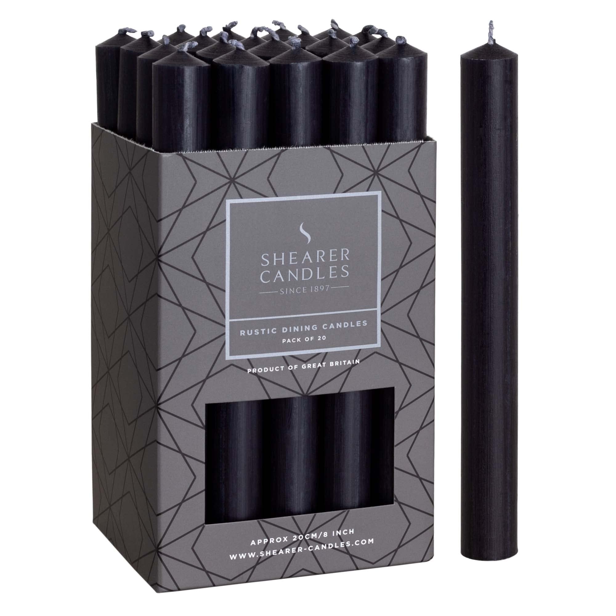 Shearer Black Candles - Dinner Candles - 8 Inch - Unscented Dripless Dinner Candles - 8 Hour Burn Time - 20 Pack