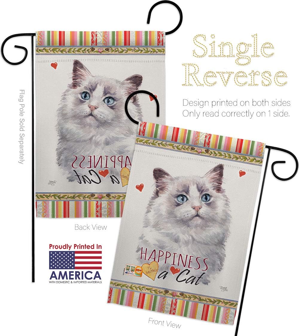 Bicolor Ragdoll Happiness Garden Flag Set Wall Holder Animals Cat Kitten Meow Spoiled Paw Fur Pet Nature Farm Animal Creature Small Gift Yard House Banner Made In USA 13 X 18.5