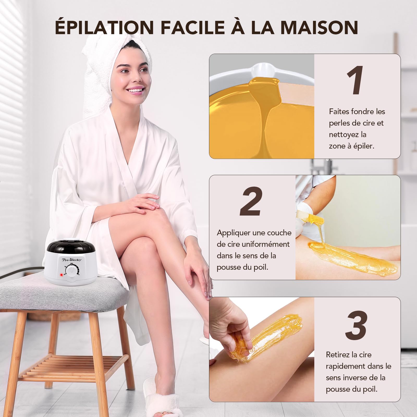 Kit Chauffe Cire Epilation avec Machine à cire | 500 g Cire | 30 Applicateurs | Pot en Silicone, Kit d'Épilation Complète du Corps et Visage à Domicile pour Femme & Homme