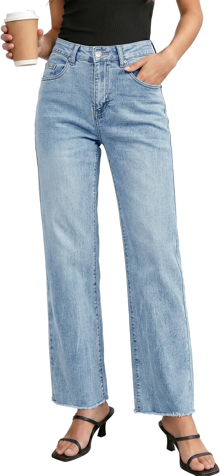 Straight Leg Jeans for Women High Waisted Stretchy Frayed Raw Hem Loose Denim Pants Casual Baggy Jean Trousers
