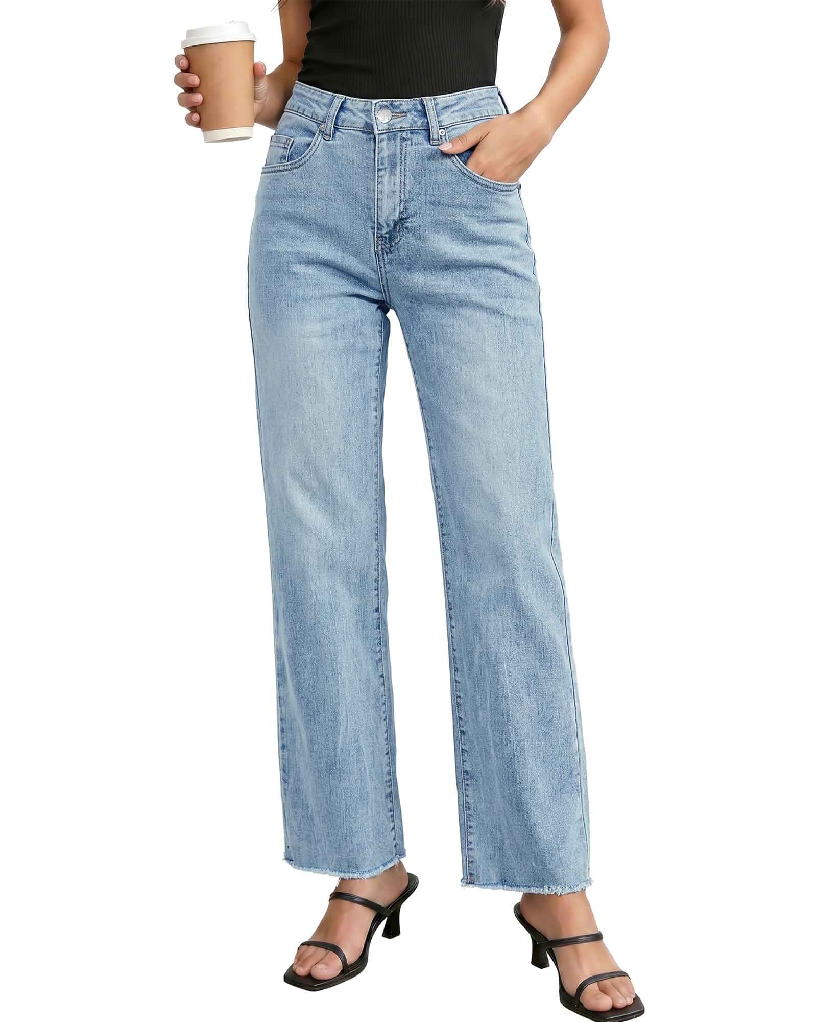 GRAPENT Straight Leg Jeans for Women High Waisted Stretchy Frayed Raw Hem Loose Denim Pants Casual Baggy Jean Trousers Jeans · Standard