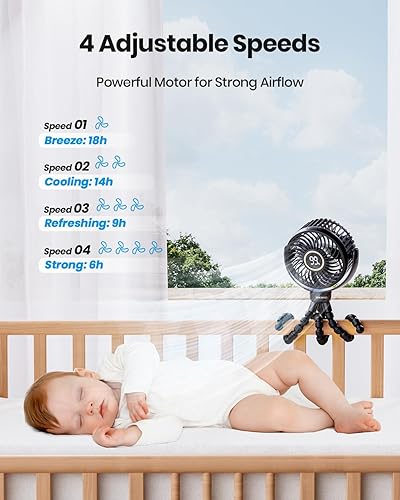 Miniatura 5 de Stroller Fan, 4000mAh Portable Battery Operated Smal Clip on Fan, 4 Speed Rechargeable Mini Personal Cooling, Travel for Baby Car Seat Crib(Black)