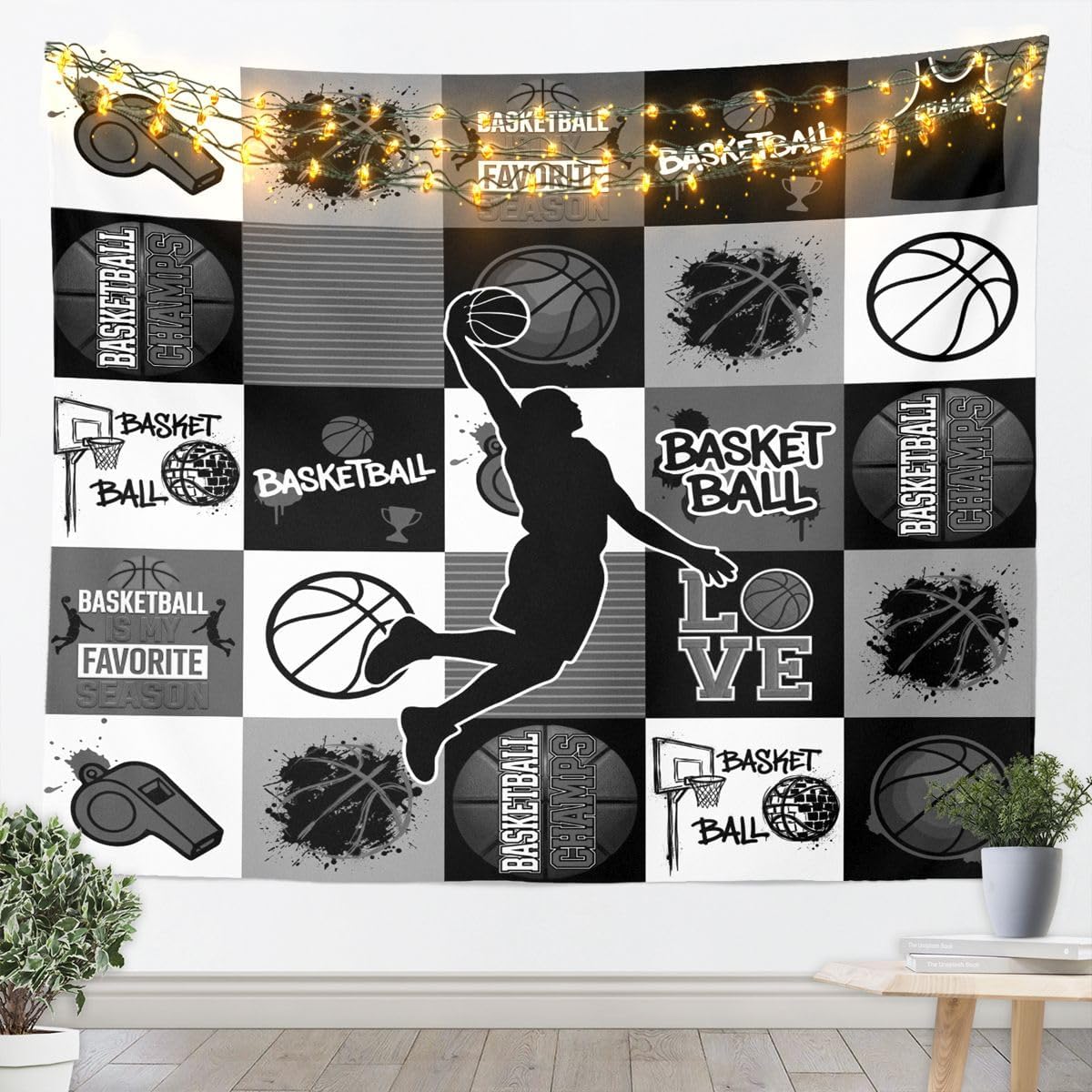 Feelyou Basketball Tapestry Basketball Gaming Wall Art Black Gray Wall Hanging Blanket for Living Room Bedroom Gift for Sports Lover Home Decor Large 59"x82" Ball