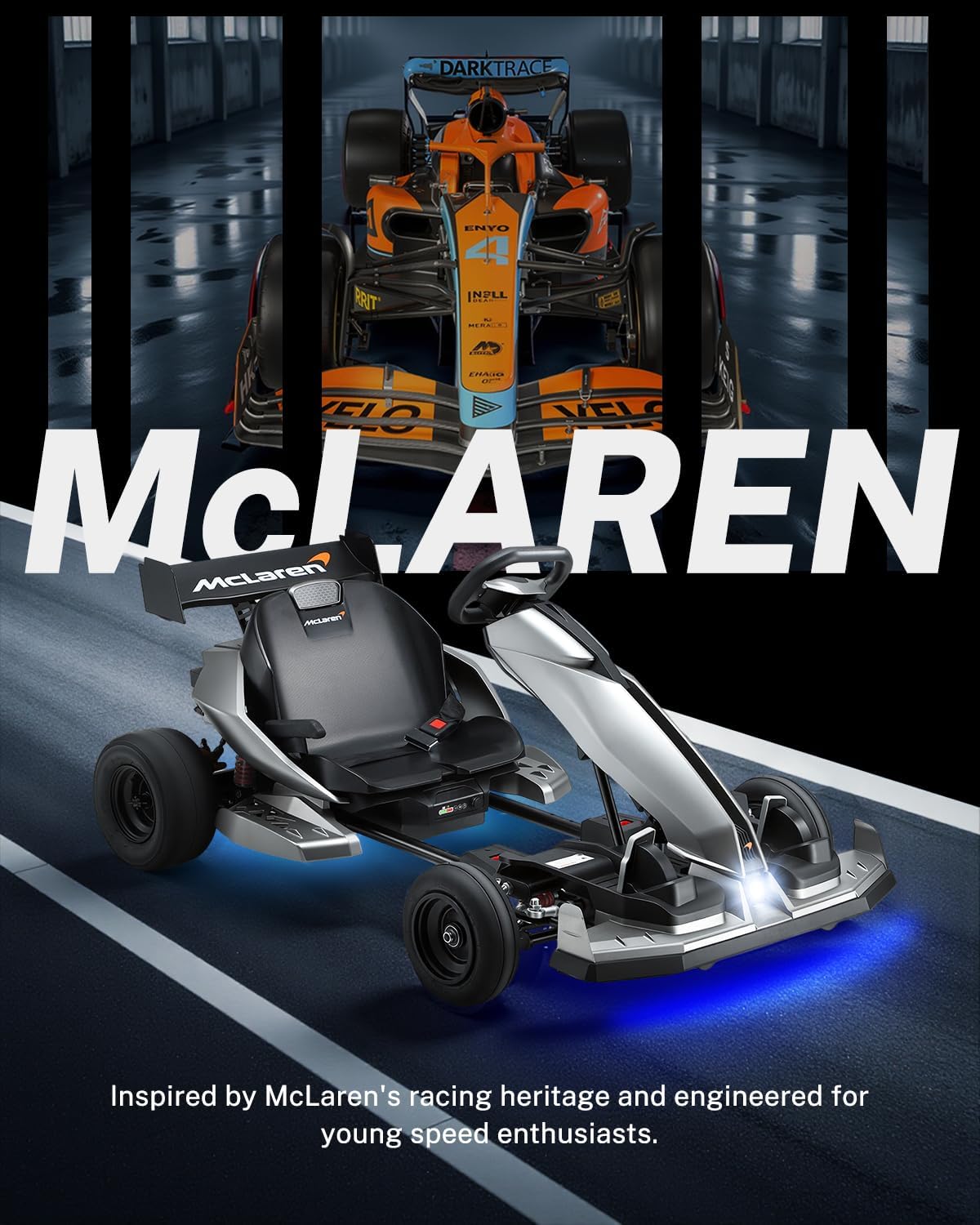 Seizeen 48V Go Kart, Licensed Mclaren Electric Go Kart for Ages 14+, Up to 15 MPH, Dual 750W Brushless Motors, Pro-Grade Drift Tires, 4 Position Adjustable Chassis, Sensitive Hand Brake, LED (Silver)