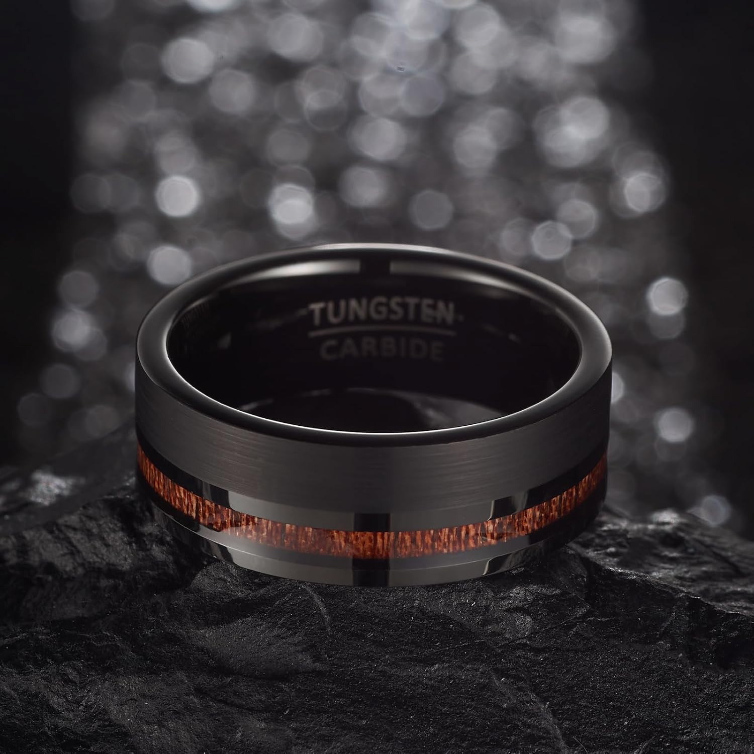 8mm Wide Men's Tungsten Wedding Band, Dual-Section Design with Wood Grain Channel & Brushed Finish - Image 5