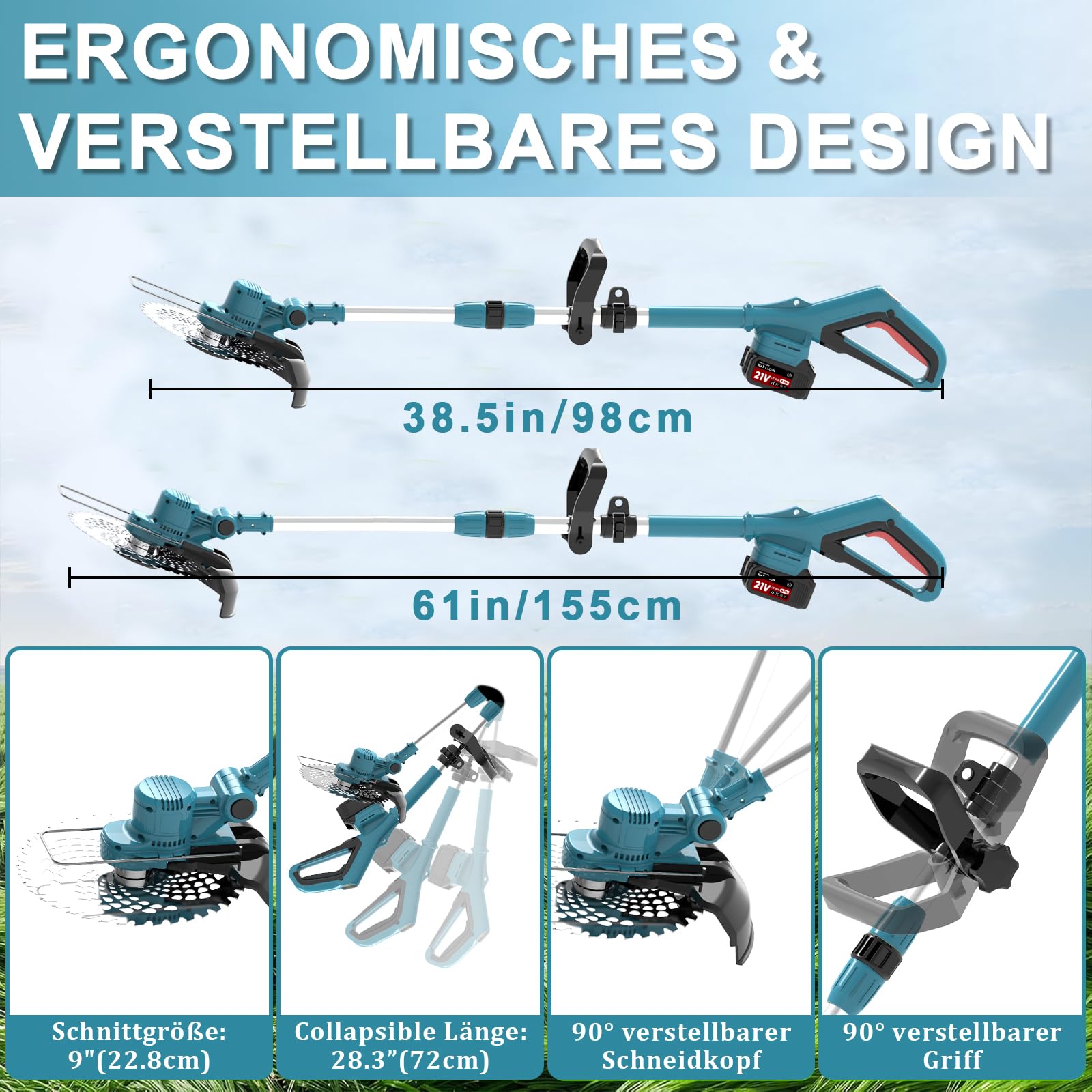 Rasentrimmer für Makita-Akkus mit 4 Klingentypen, Rasentrimmer mit Akku 2 4,0Ah und Unkrautbürste, 4-in-1 Akku Freischneider-Rasenkantenschneider für Garten Trimming, 180° Faltbar, 90° Trimmwinkel