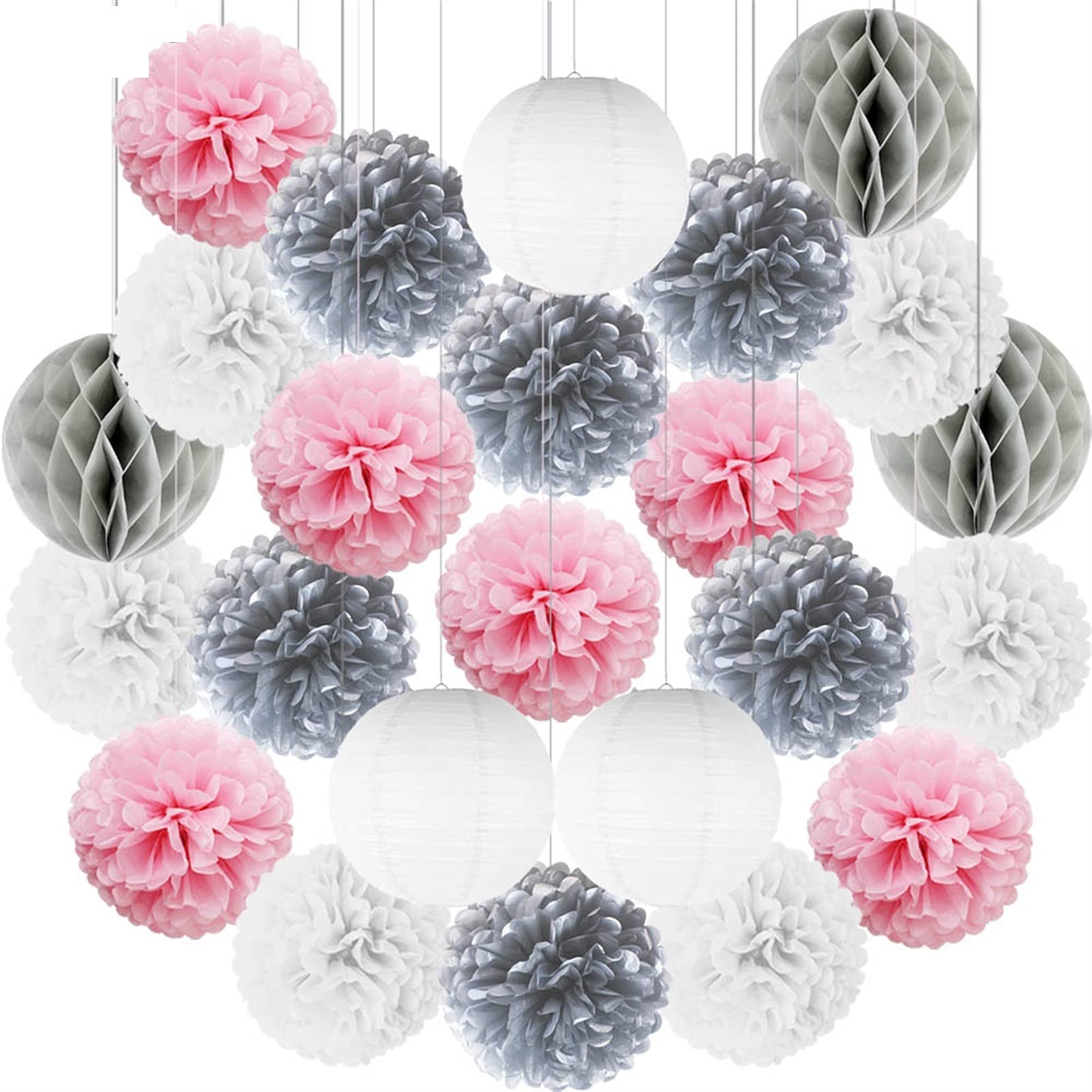 Papierowe latarnie, papierowe latarnie Latarnie papierowe dekoracje 24 szt. Papier imprezowy duży latarnia pompony z bibuły kwiatowe dekoracje ślubne)(Pink Silver,12inch 30cm)