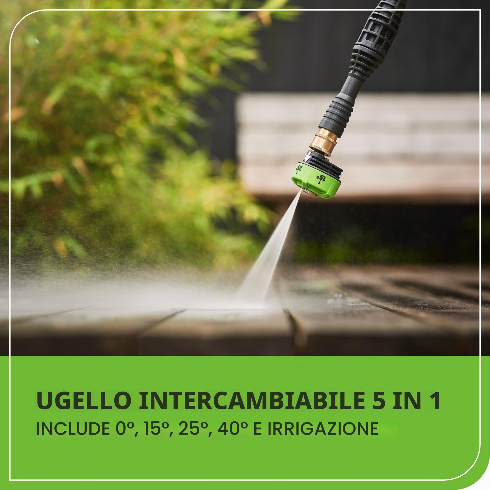 Greenworks Idropulitrice a batteria G24PWK4 (Li-Ion 24V, motore 300 Watt, pressione 24 bar, portata 180 l/h, 5 ugelli spray, tubo di 6 m, con batteria 4Ah e caricatore)