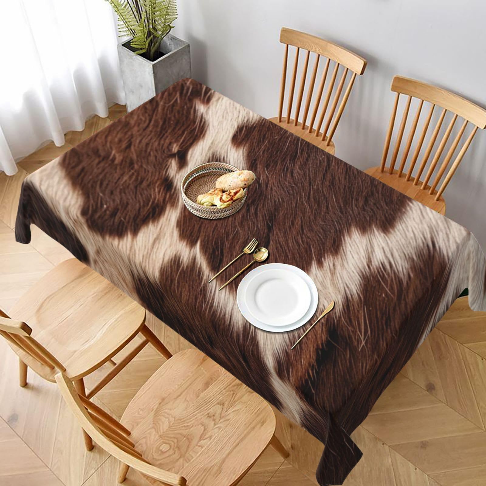 WPKJU Brown Cowhide Printed Tablecloth 60x90 in Water Resistant Table Cover Washable Rectangle Table Cloth for Dining Tables