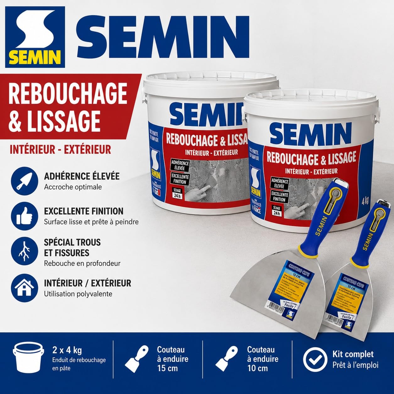 SEMIN Kit Rebouchage & Lissage 2 x 4 kg – Enduit en Pâte Intérieur/Extérieur Spécial Trous & Fissures + Couteaux à Enduire 10 cm & 15 cm – Prêt à l’Emploi – Finition Lisse Professionnelle