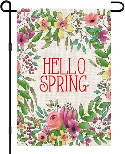 Bandera de jardín floral de Hello Spring de 12 x 18 pulgadas arpillera de doble cara para exteriores decoración de patio de temporada para