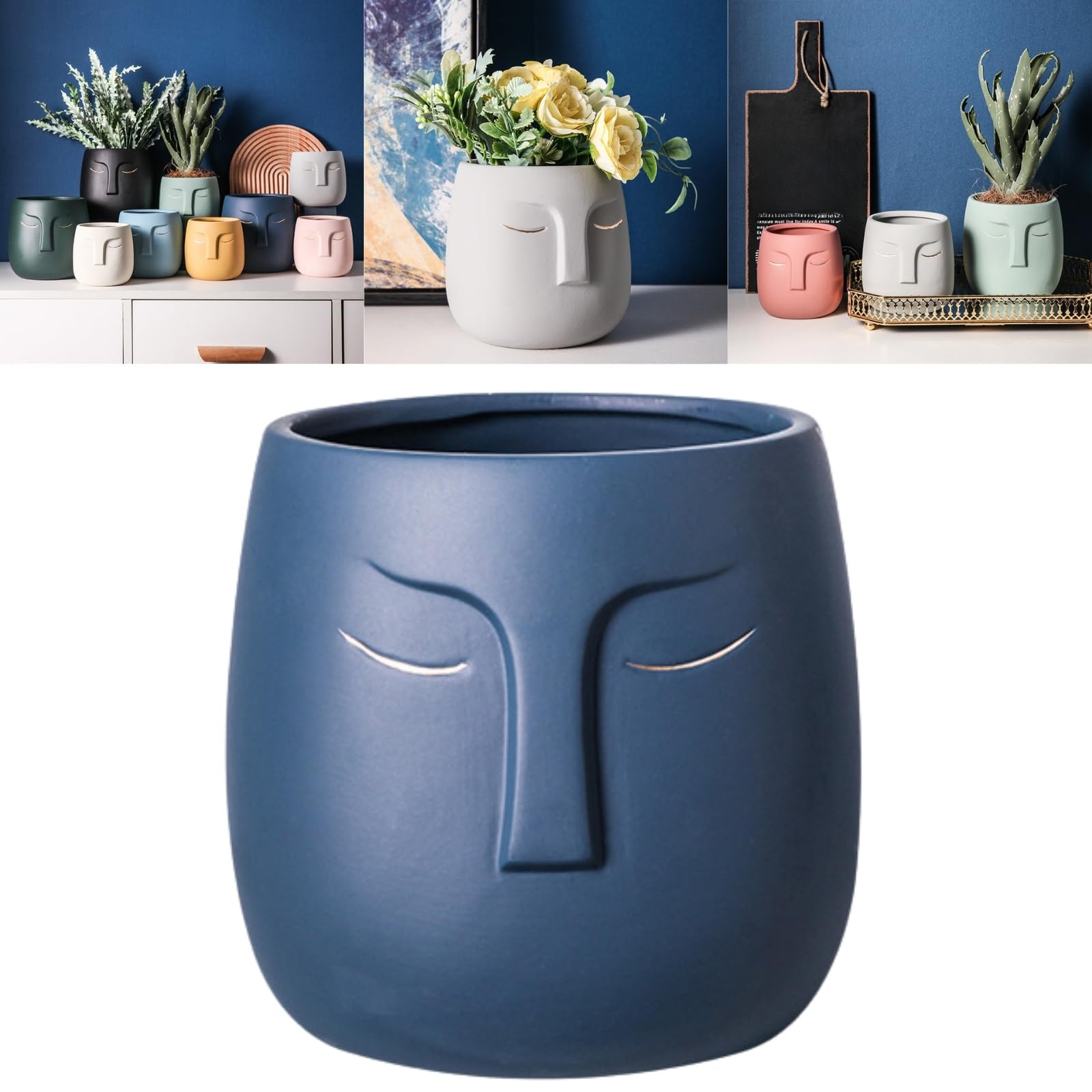 Boxonly Face Planter (Navy Blue, Large, With Hole, Without Tray) - Ceramic Plant Pot for Succulents, Flowers, and Small Plants - Nordic Minimalist Vase for Indoor and Outdoor Home Decor