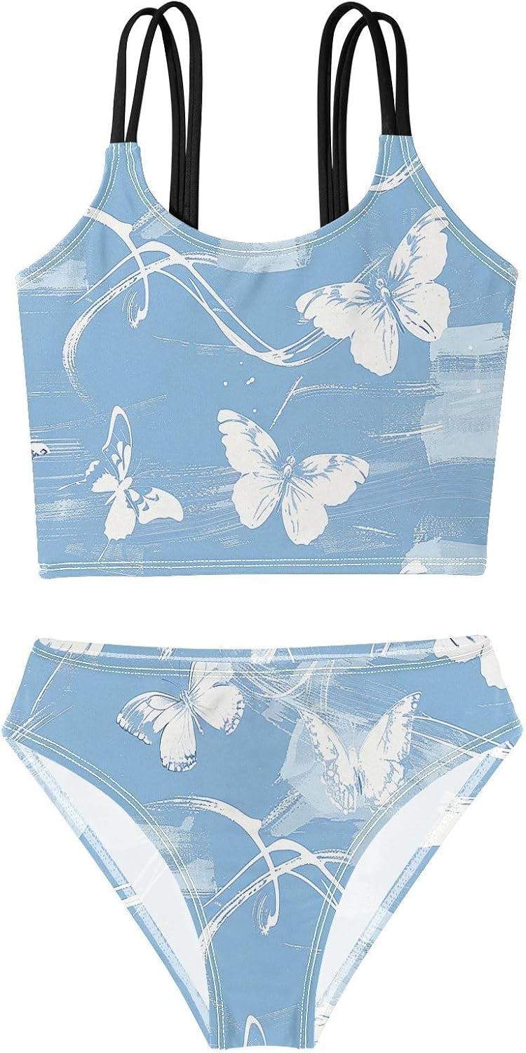 visesunny Girls Two Piece Swimsuits Blue White Butterfly Girl's Bikini Sets Bathing Suits for Girls Size 5-12Y