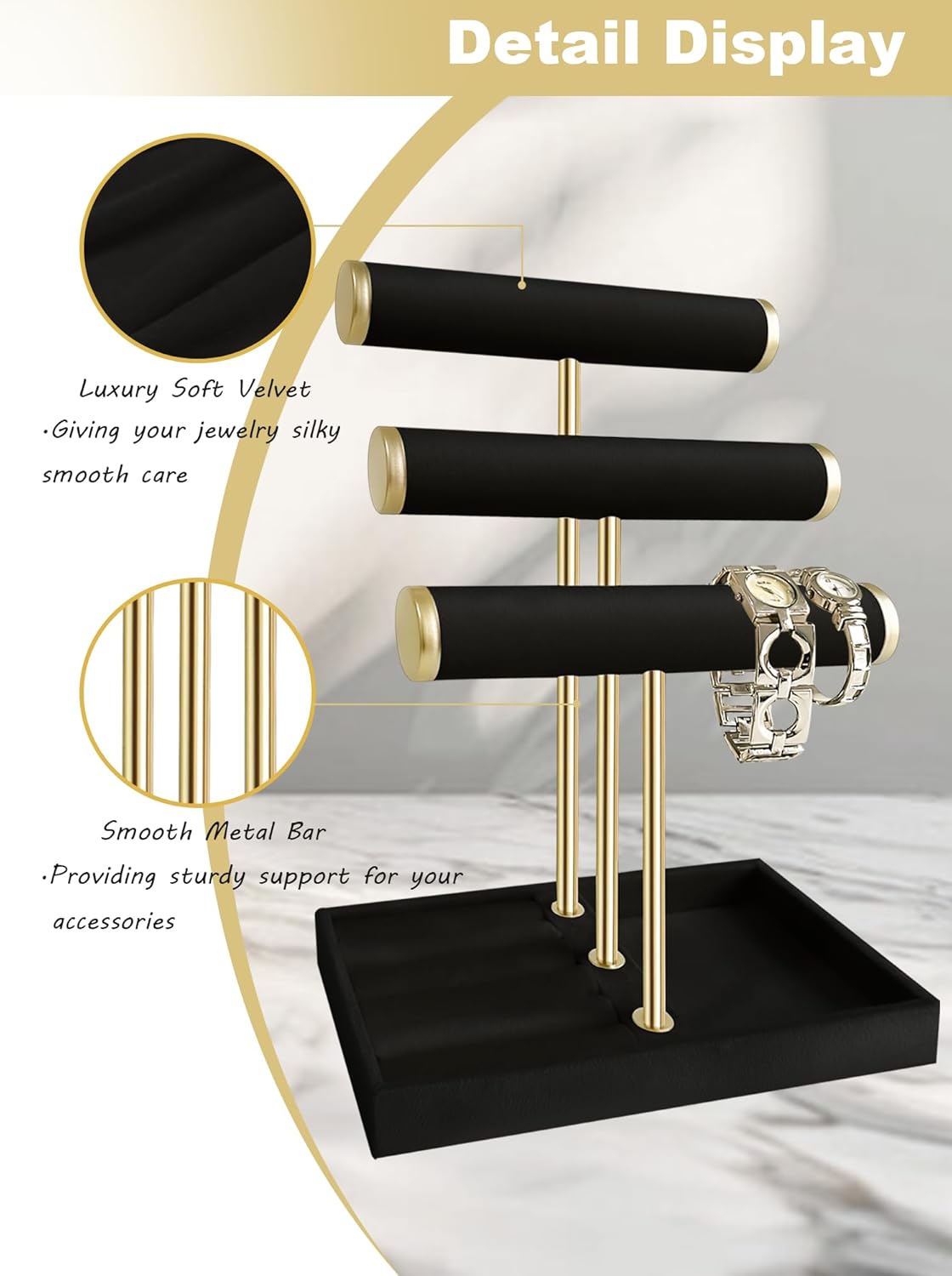 Velvet Jewelry Display Stand - 3 Tier Detachabler Bracelet Holde Organizer with T-Bar for Bracelets, Necklaces, Watches, Rings, Earrings & Scrunchies (Black) - Image 3