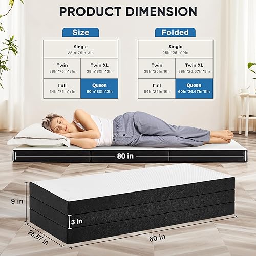 Miniatura 2 de OLIXIS Colchón de espuma viscoelástica de tres pliegues, cama portátil tamaño Queen de 3 pulgadas, tapete plegable para niños y adultos, funda