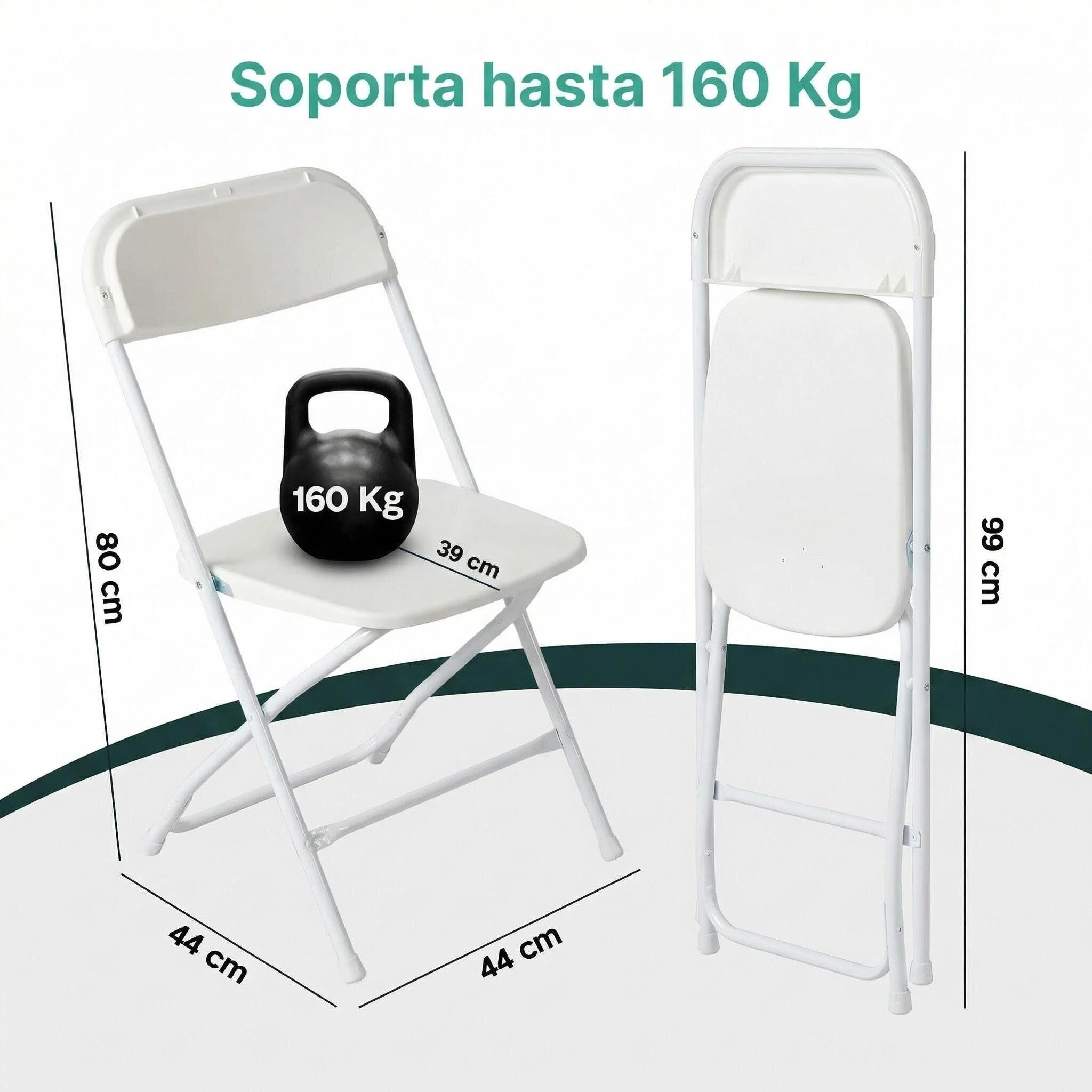 Premium Moments Silla Plegable para Interior y Exterior – Plástico Reforzado y Patas de Hierro con Refuerzo de Acero – Soporta hasta 160 kg – Ligera 2,5 kg – Fácil de Guardar y Limpiar (2, Blanca) - 3