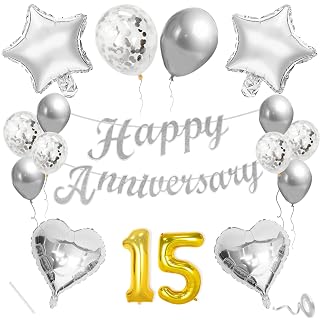 Flyloons 15th Anniversary Decoration Items Silver for Men Women Husband Wife Home Living Room Parent With 10 Pc Confetti Balloons Happy Anniversary Banner 4 Pc Star Heart Set Kit
