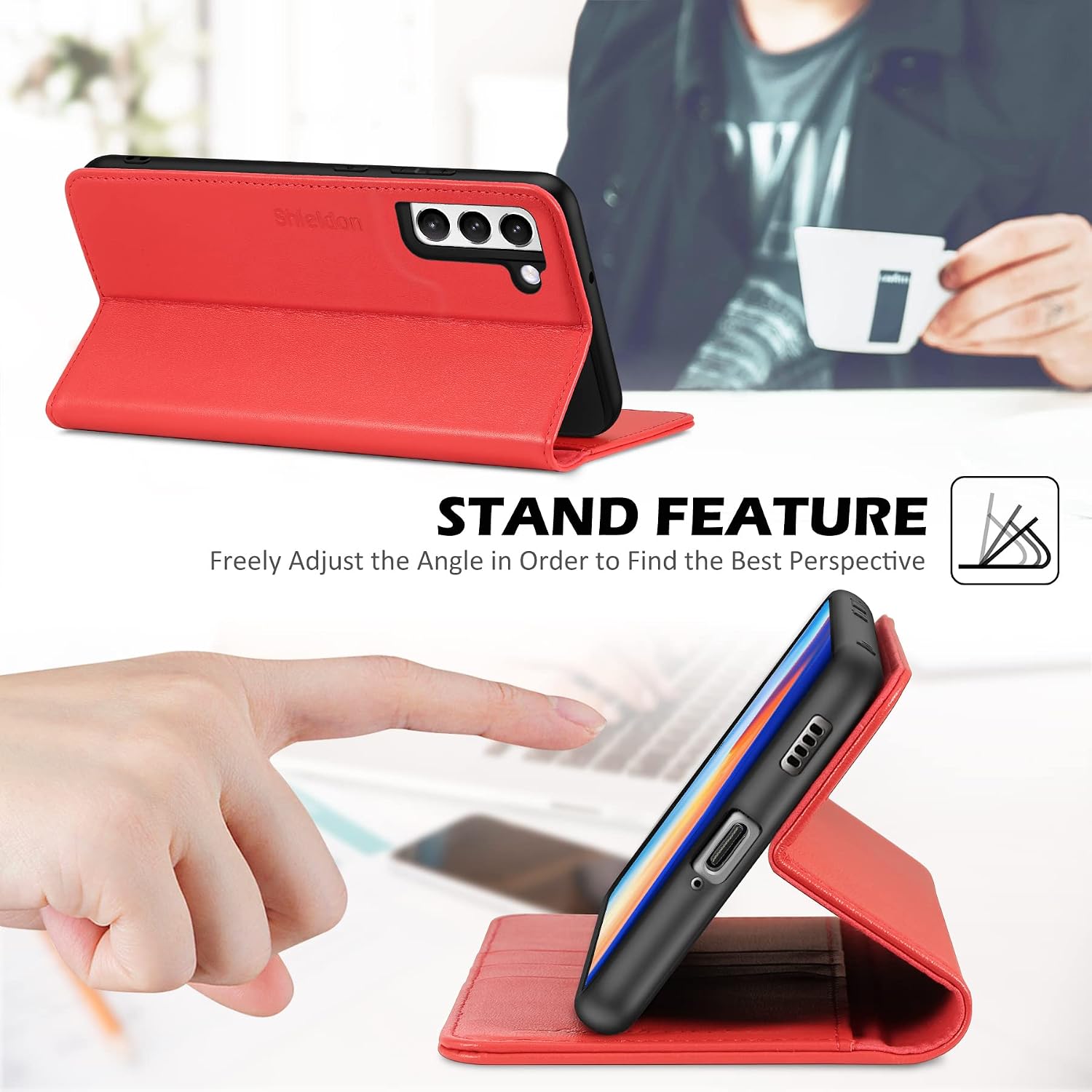 SHIELDON Case for Galaxy S22+ Plus 5G 6.6", Genuine Leather Wallet Case Kickstand RFID Blocking Credit Card Holder Shockproof Protection Magnetic Case Compatible with Galaxy S22+ Plus 2022 - Red