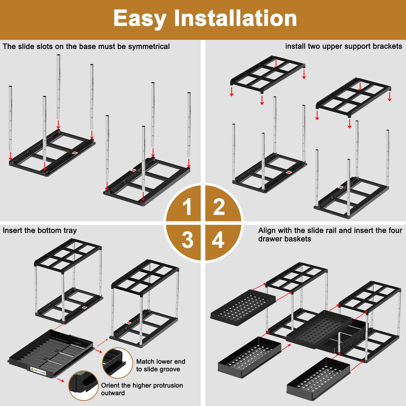 NIUXX Organizador para bajo fregadero y lavavajillas - Altura regulable | Estantes de cocina con cajones deslizantes - muy adecuados para baños y armarios de tanques de agua con tubos en forma de U