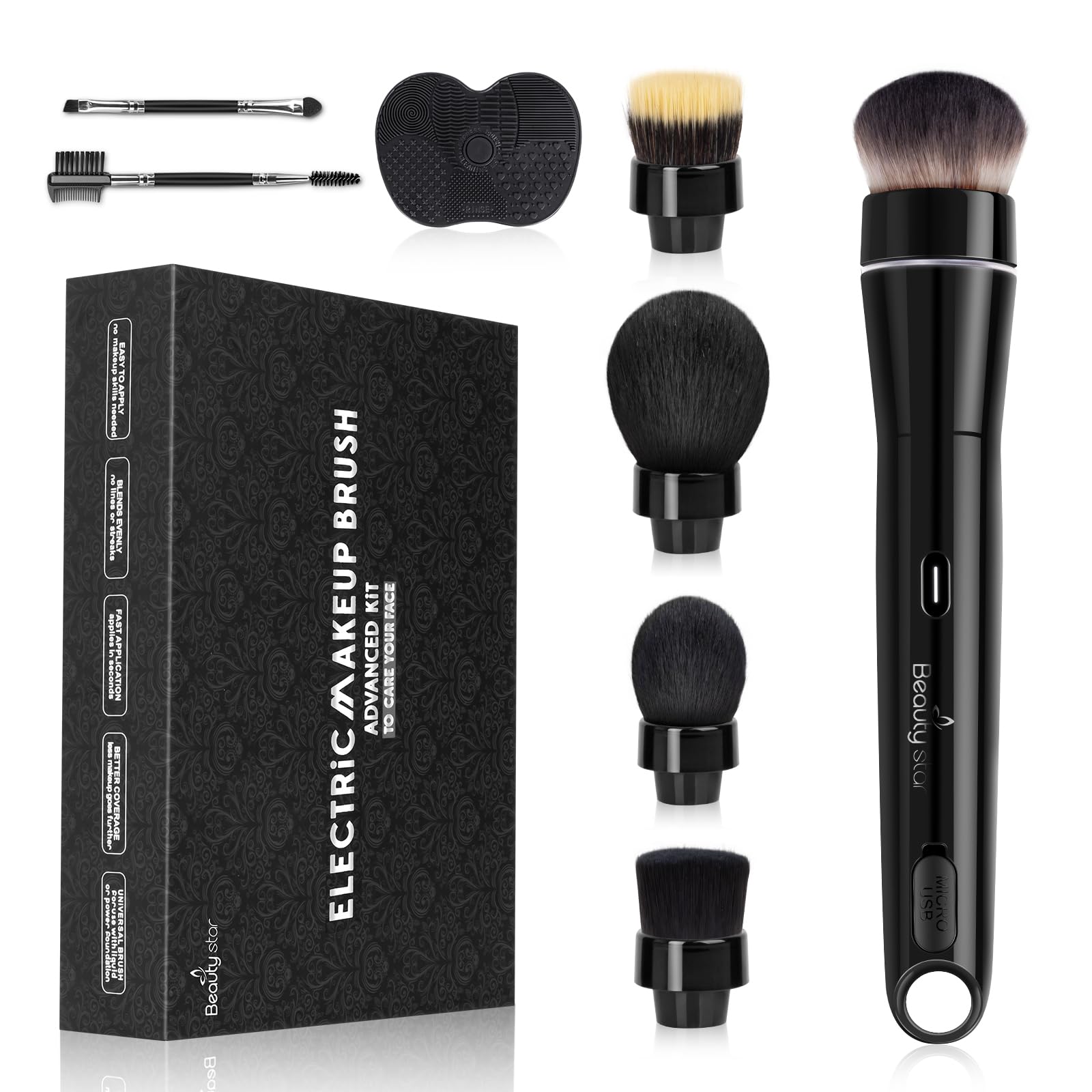 360° Electric Rotating Makeup Brush Set, 5 Vegan Brush Heads, Rechargeable Blending Face Brushes For Foundation, Blush, Powder, Bronzer, Contour,