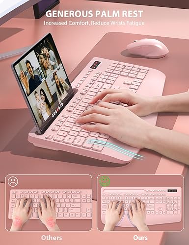 Miniatura 2 de Combo de teclado y mouse inalámbricos, teclado ergonómico de tamaño completo con reposamuñecas, soporte para teléfono, modo de suspensión,