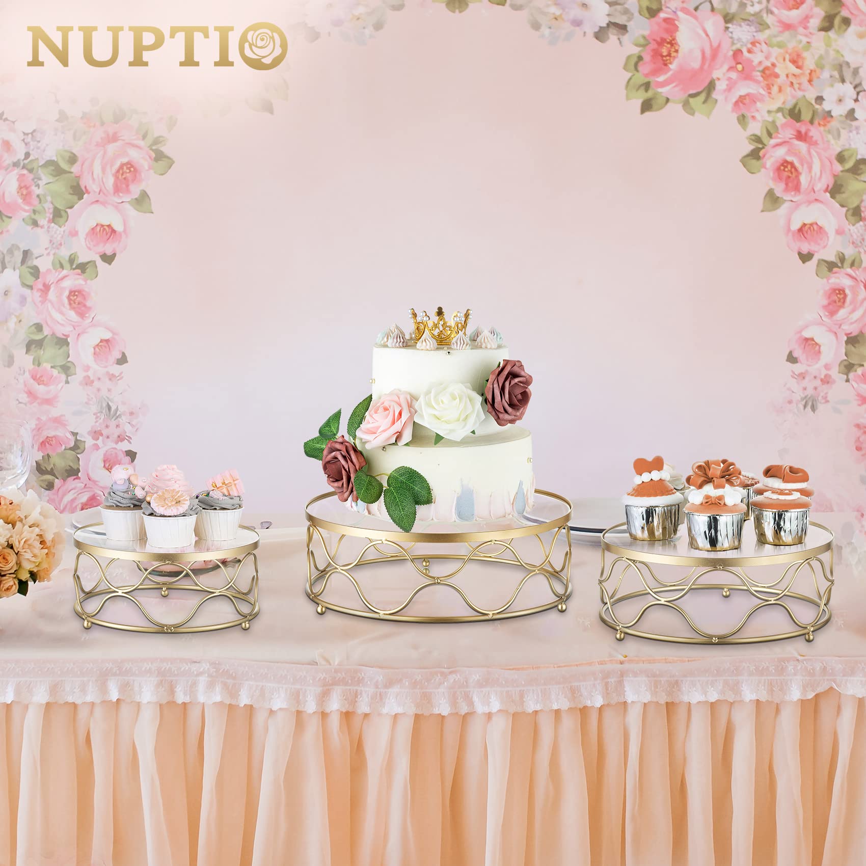 Nuptio Soporte de Torta de Oro Conjunto: 3 Piezas Redondas Cupcake Stands Boda Metal Postre Pantalla Tarde Té Taza Pasteles Bandeja para Bodas Fiesta Cumpleaños Navidad Cena Decoraciones de Mesa
