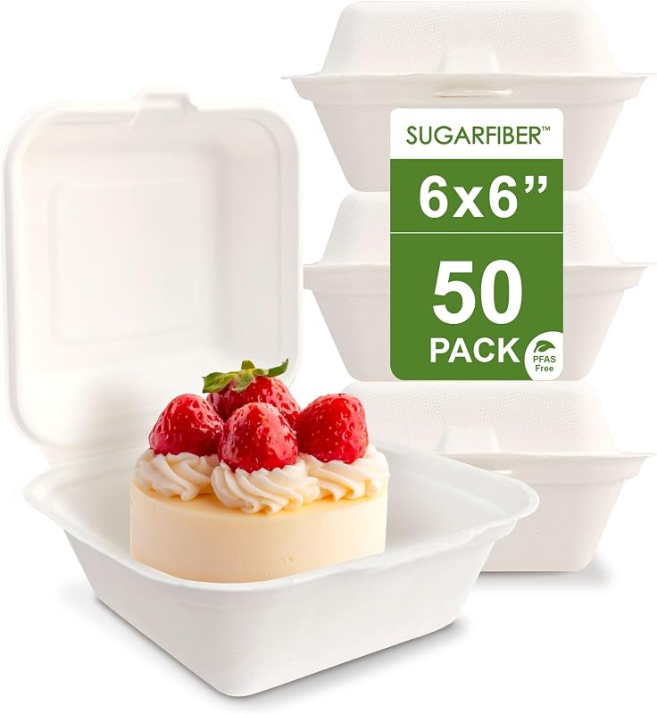 6X6 inch Compostable White Square Clamshell Take Out Food Containers togo | Ideal bento cake box & burger container,PFAS Free Heavy Duty Sugarcane Bagasse Boxes, Microwavable Eco Friendly mini clam box