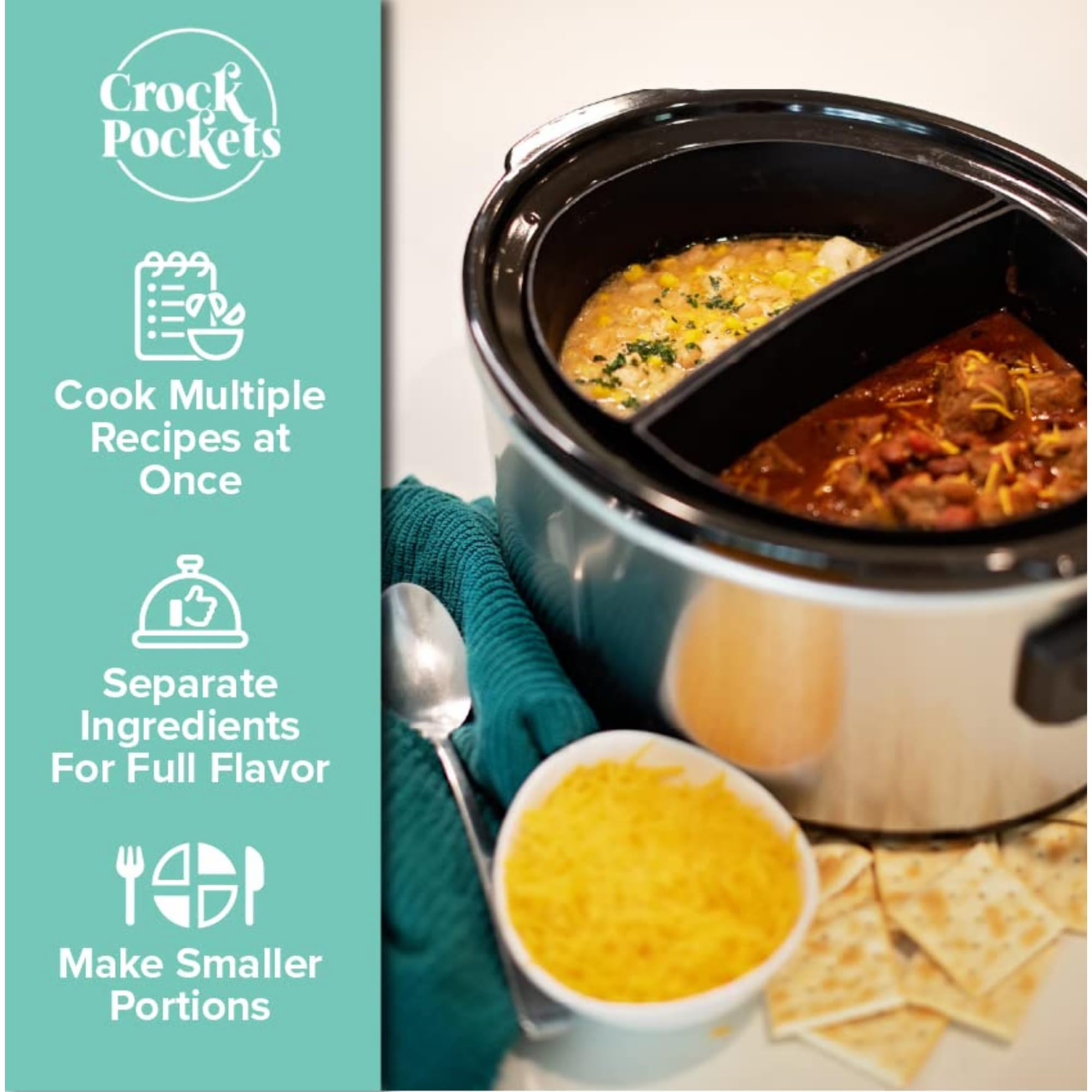 CrockPockets® Reusable Silicone Slow Cooker Dividers – 6Qt Divider Set (2-Pack), Non-Stick, Leak-Resistant, BPA-Free, Dishwasher Safe + Free Digital Cookbook!