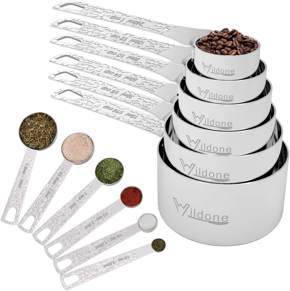 Wildone Measuring Cups and Spoons - Stainless Steel 12 Piece Stackable Measuring set, Includes 6 Heavy Duty Measuring Cups, 6 Measuring Spoons, Ideal for Dry and Liquid Ingredient