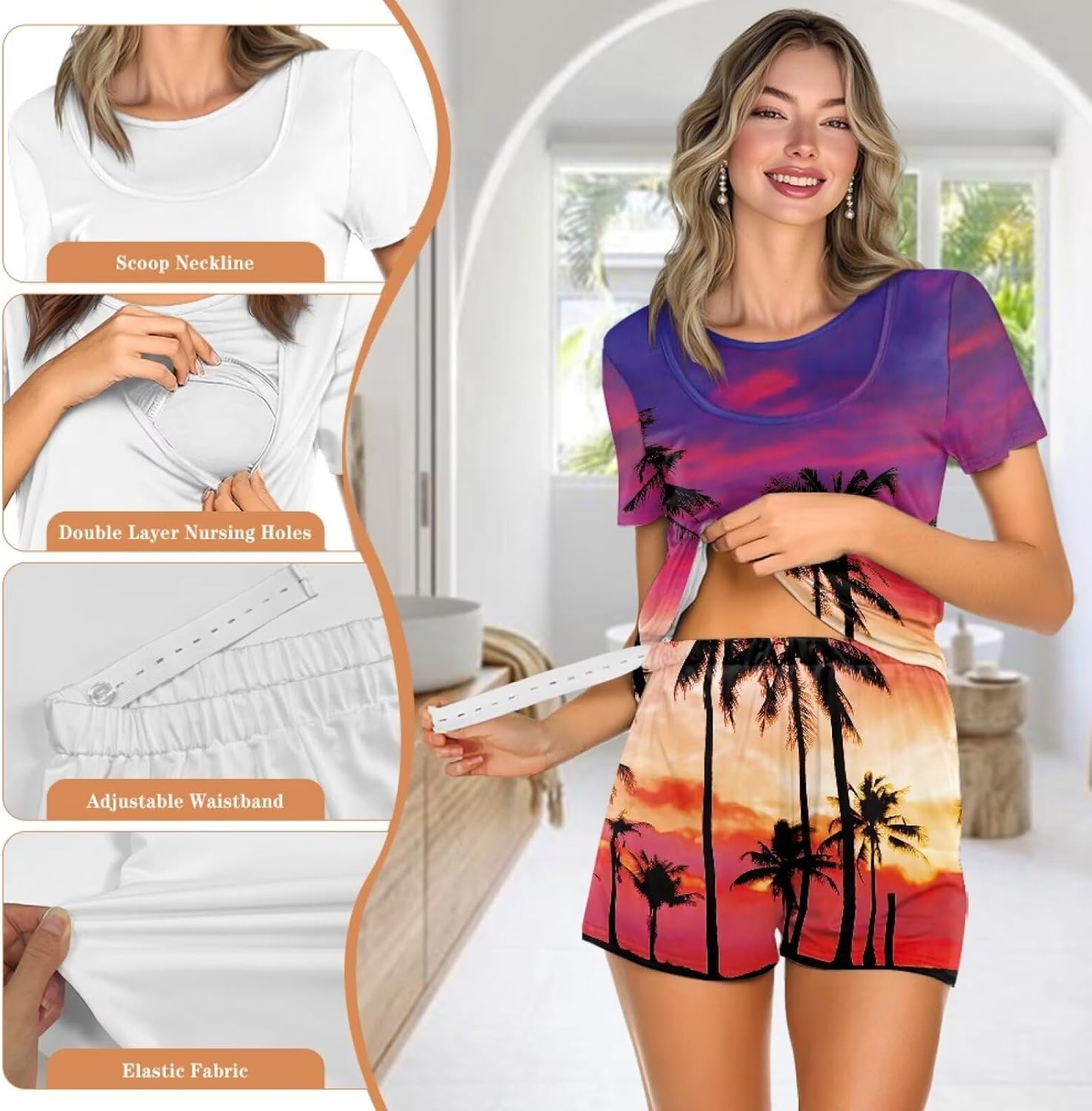 Women's 2 Piece Nursing Pajamas Sets, Soft Double Layer Pjs Sets for Summer S-2XL