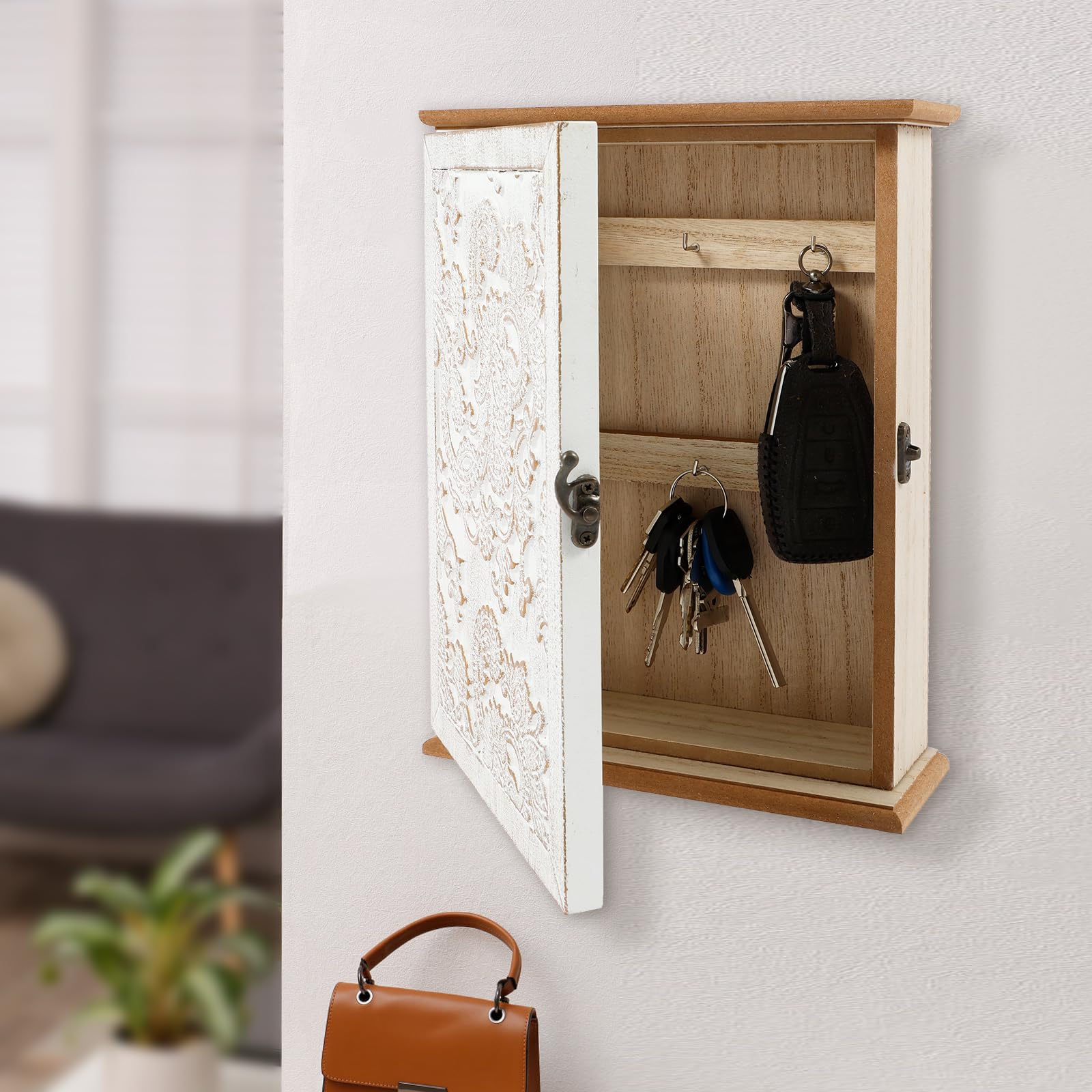 shaojian Key Cabinet, Key Boxes Wall Mounted Wooden Key Cupboard with 6 Key Hooks, Decorative Vintage Design Key Hangers Minimalist Key Holder Box for Entryway Home Office Key Storage (white-A)