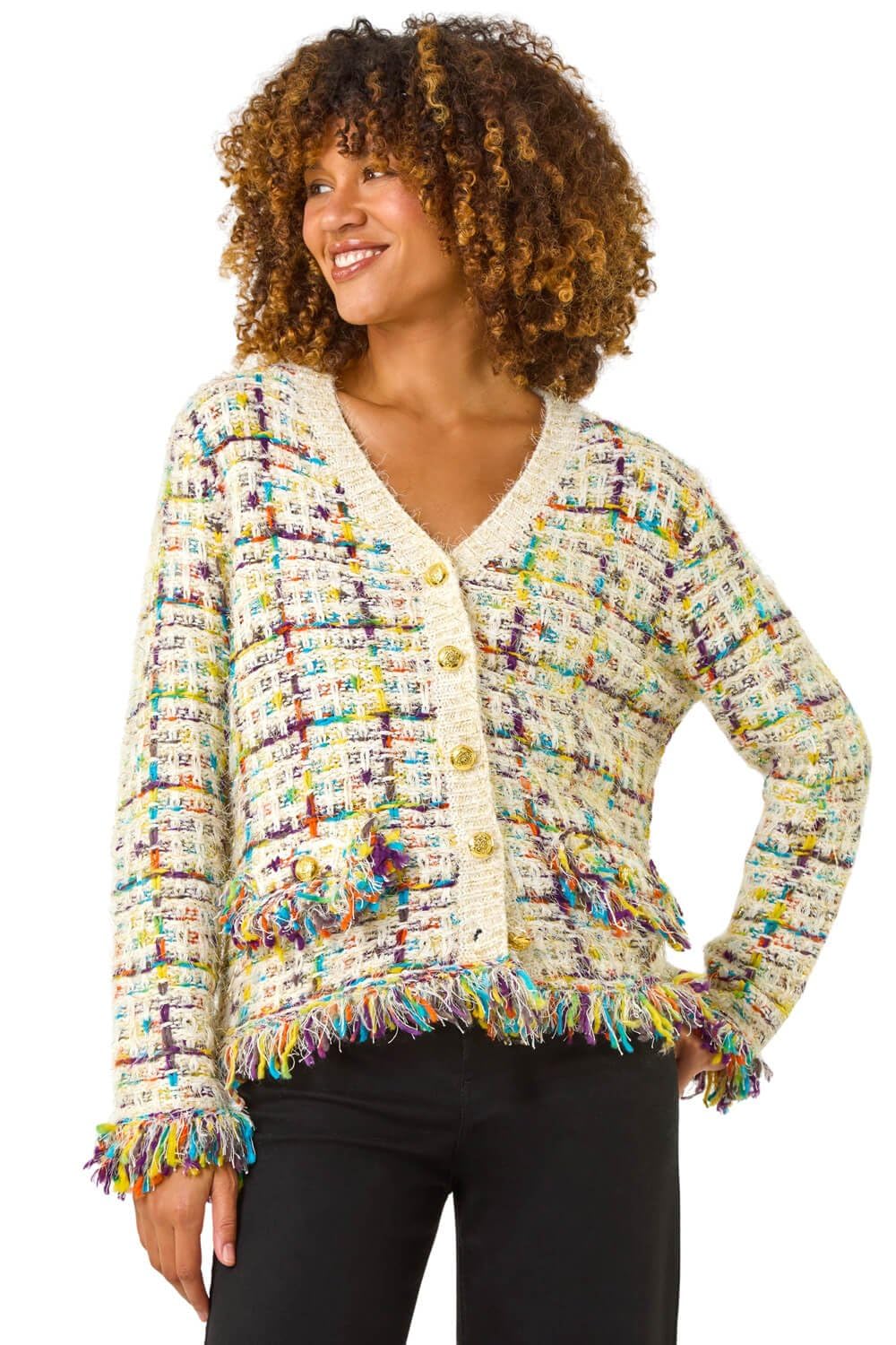 Roman Women's Textured Fringe Knit Cardigan Sweater in Ivory | Size: 16