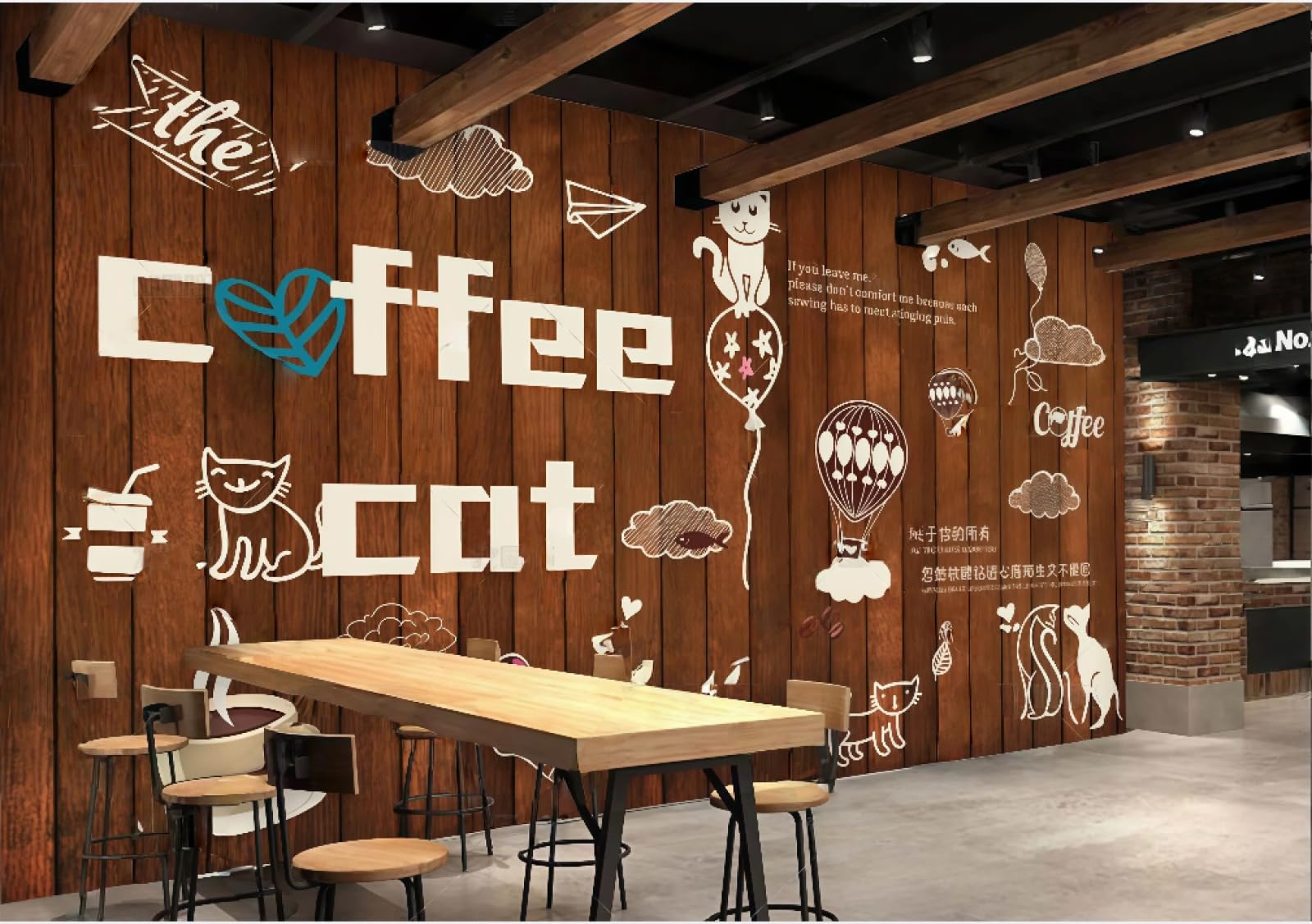 Xdoubao 3D Wallpaper Nostalgic Retro Wooden Board Cartoon Drink Coffee Theme Shopping Mall Afternoon Tea Western Restaurant Background Wall Wallpaper Coffee Shop Mural,,150X105cm