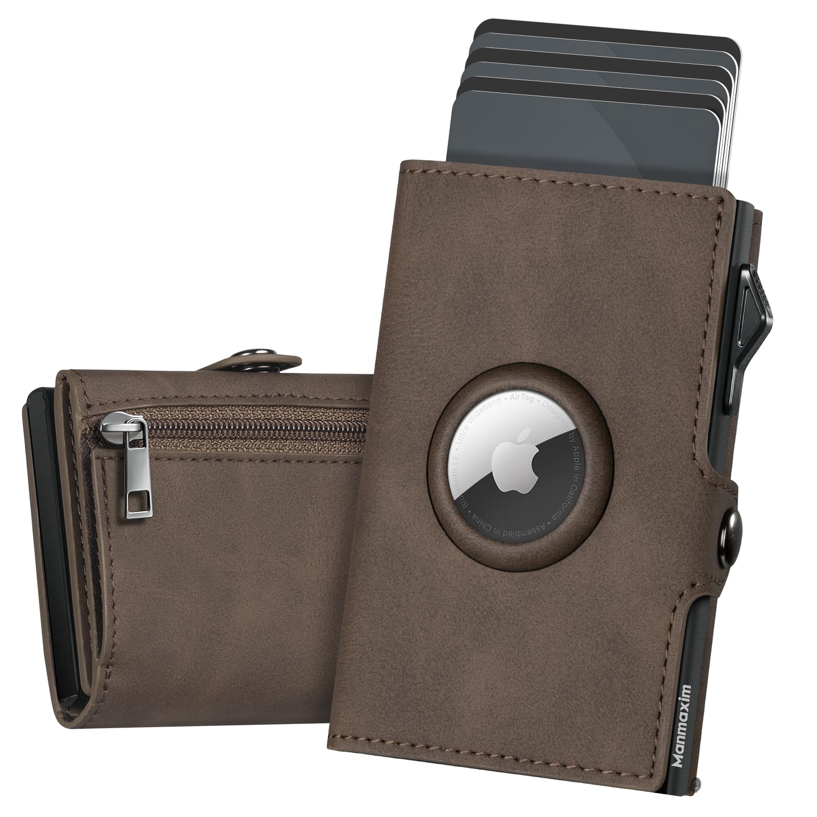YESIIW Geldbörse Herren Echt Leder mit Münzfach, Pop up Portmonee Herren Airtag für 10 Karten & 2 ID, RFID Geldbörse Airtag, Apple Air Tag 2 Generation & 1, Air Tag Wallet for Mens
