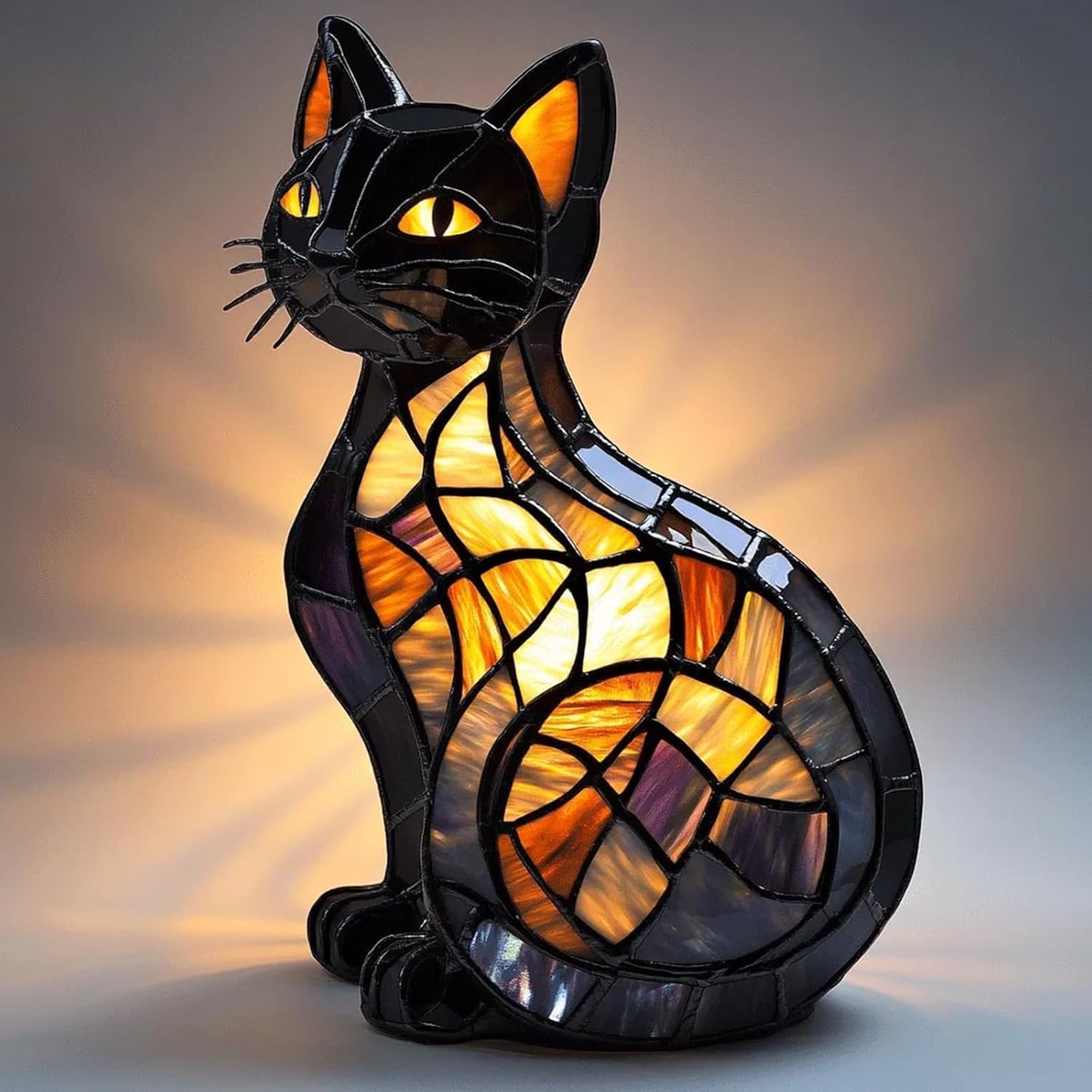 Pubyfun Glowkitty, Cat Lamp Stained Glass, Retro Cat Stained Resin Tabletop Night Light - Cute Pet Themed LED Lamp, Animal Series (Cat-B)