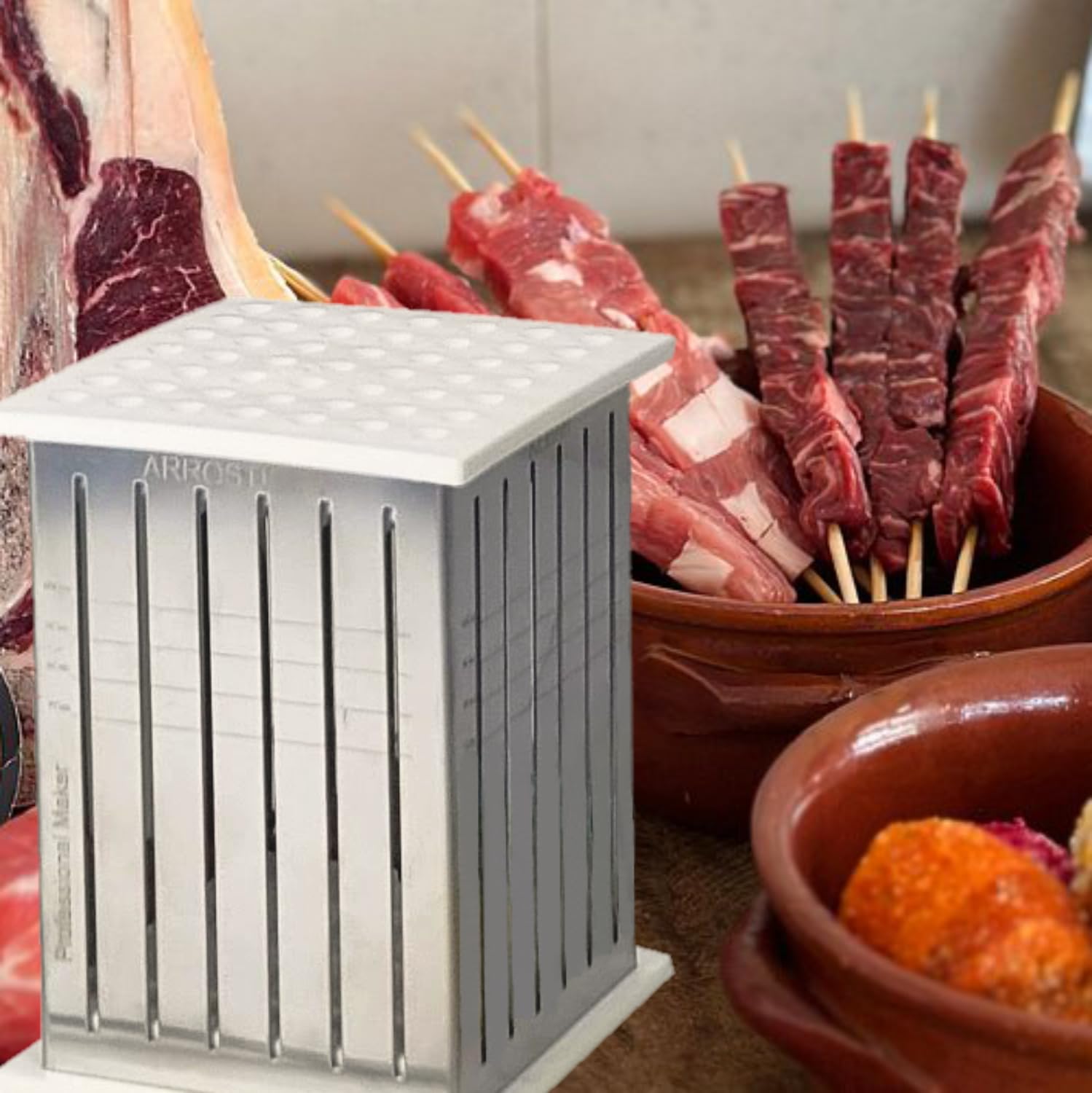 Cubo Arrosticini Spiedini (49 Pcs.) in Acciaio Inox – Macchina per Arrosticini, Kebab, Souvlaki – Smontabile e Facile da Pulire.