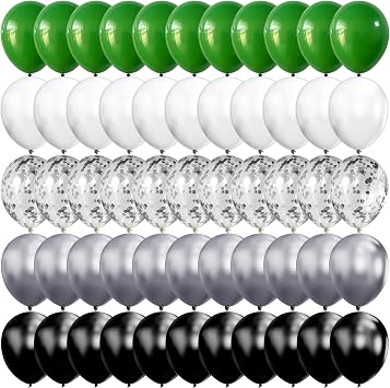 100PCS Green Silver Black White Balloon Chrome Metallic and Confetti Balloons for Graduation Birthday Baby Shower Game Party Decorations